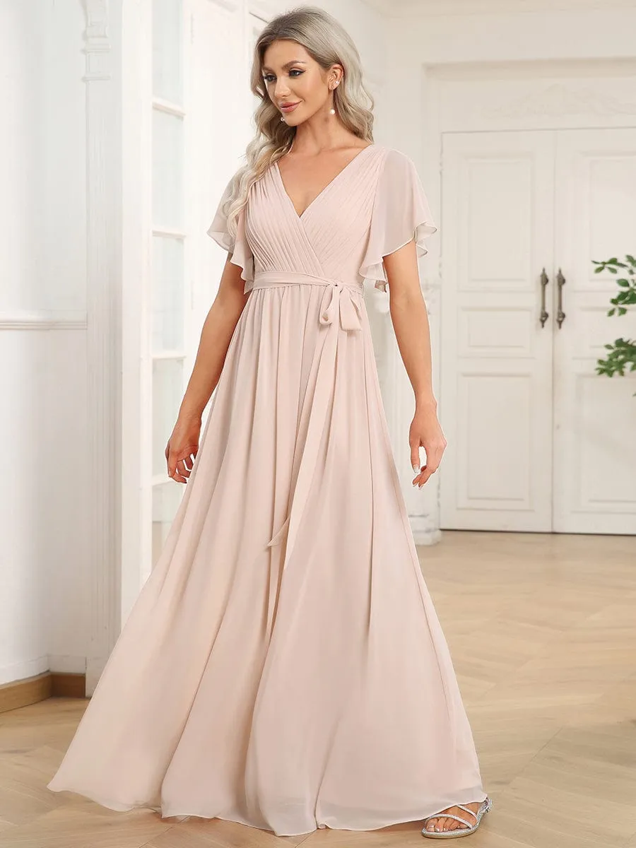 Chiffon Pleated V-Neck Flutter Sleeve Maxi Bridesmaid Dress
