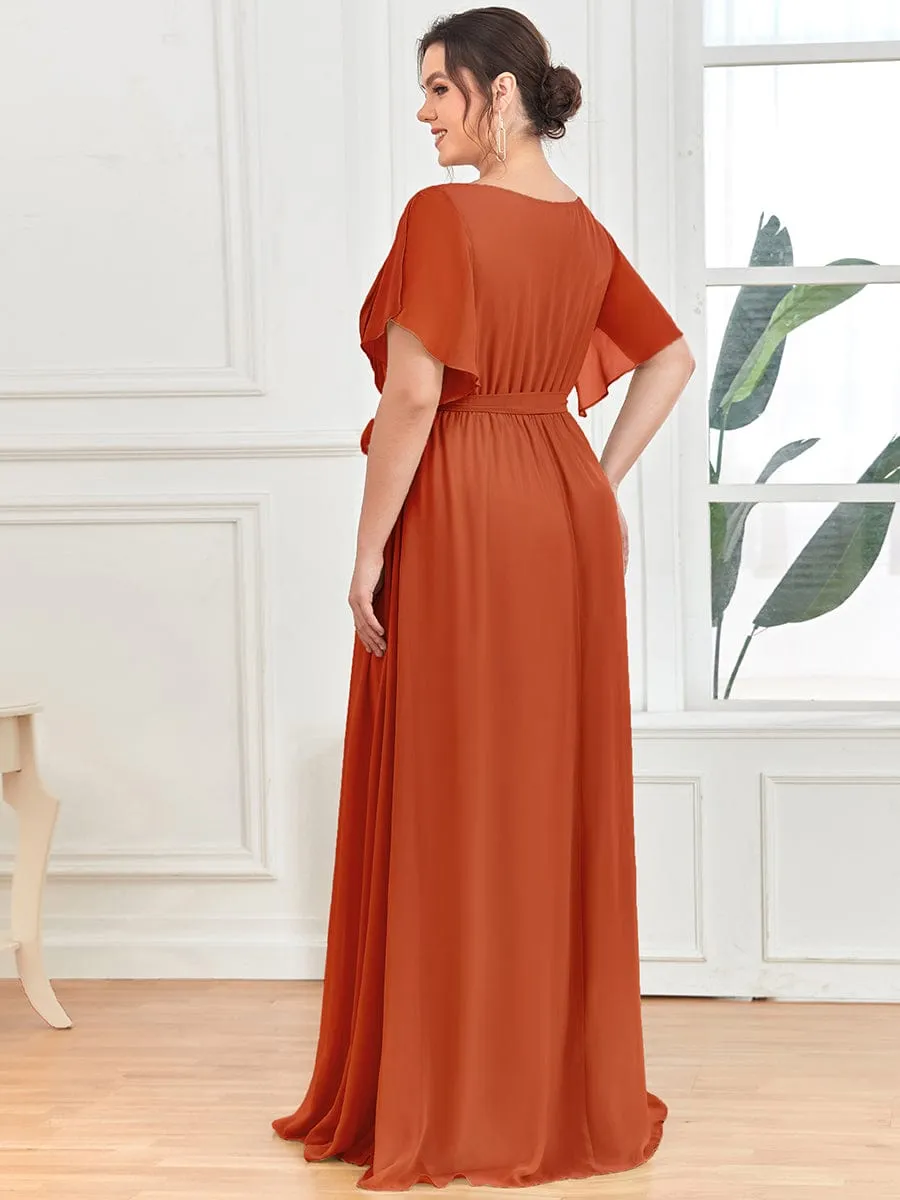 Chiffon Pleated V-Neck Flutter Sleeve Maxi Bridesmaid Dress