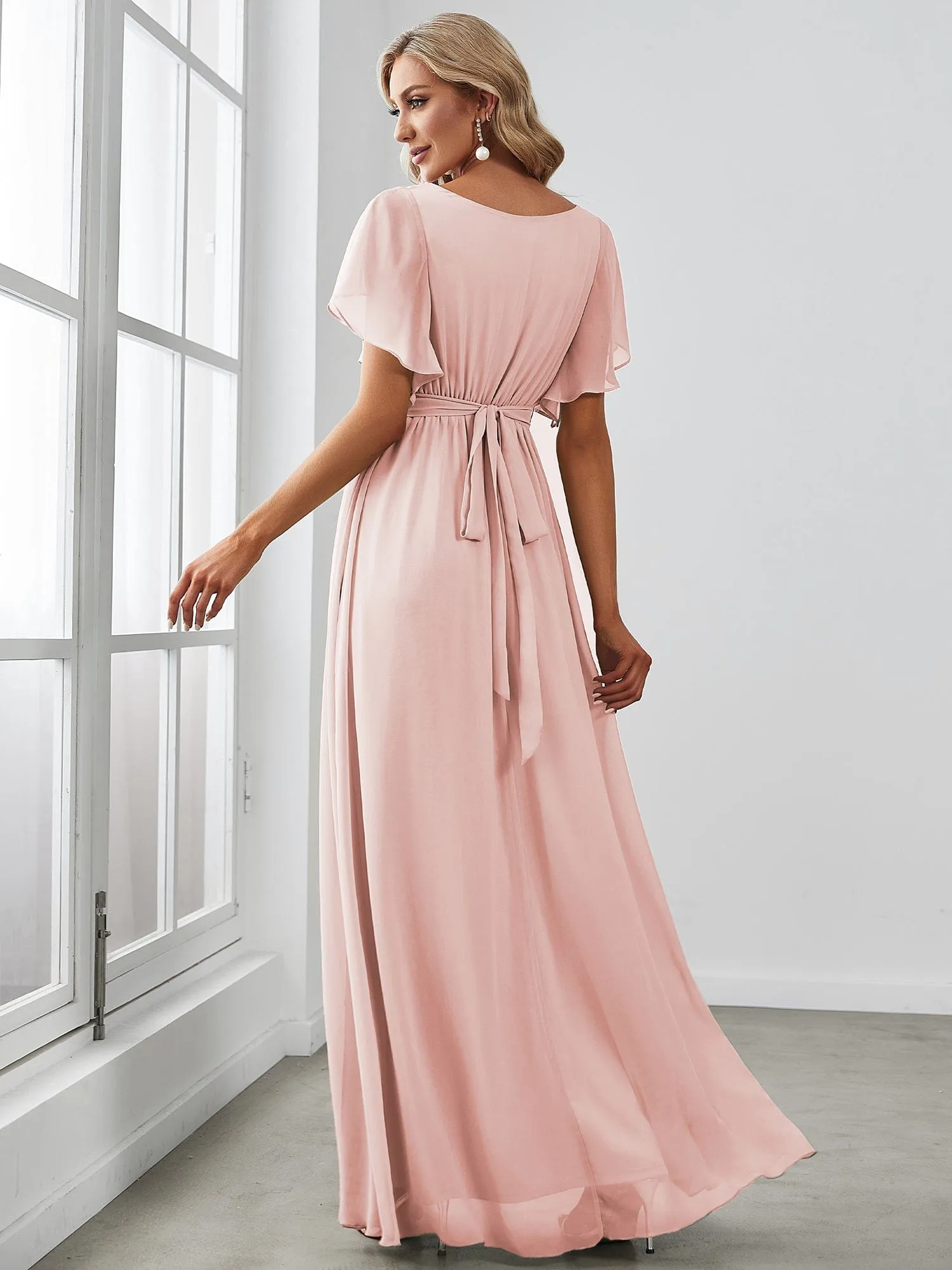 Chiffon Pleated V-Neck Flutter Sleeve Maxi Bridesmaid Dress