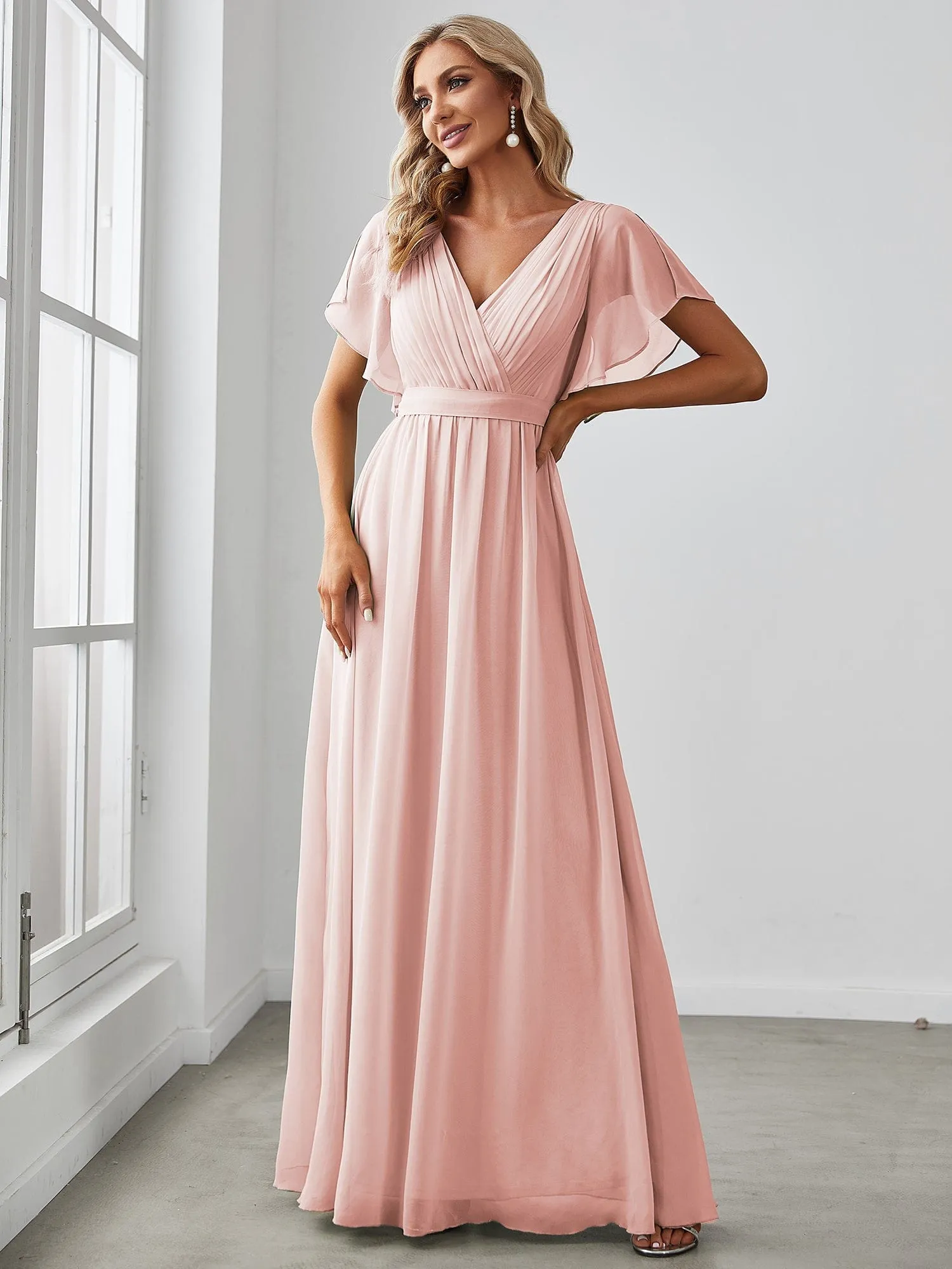 Chiffon Pleated V-Neck Flutter Sleeve Maxi Bridesmaid Dress
