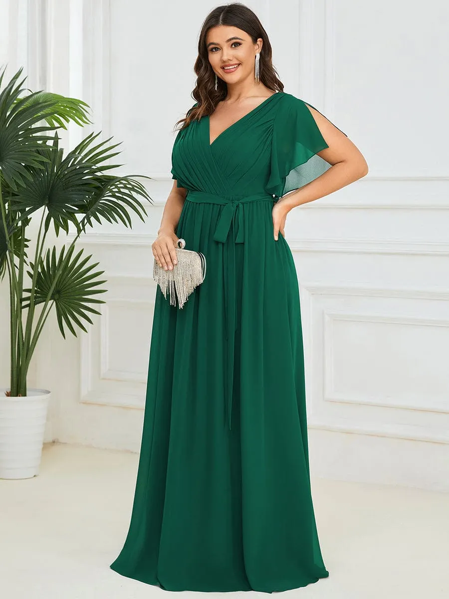 Chiffon Pleated V-Neck Flutter Sleeve Maxi Bridesmaid Dress