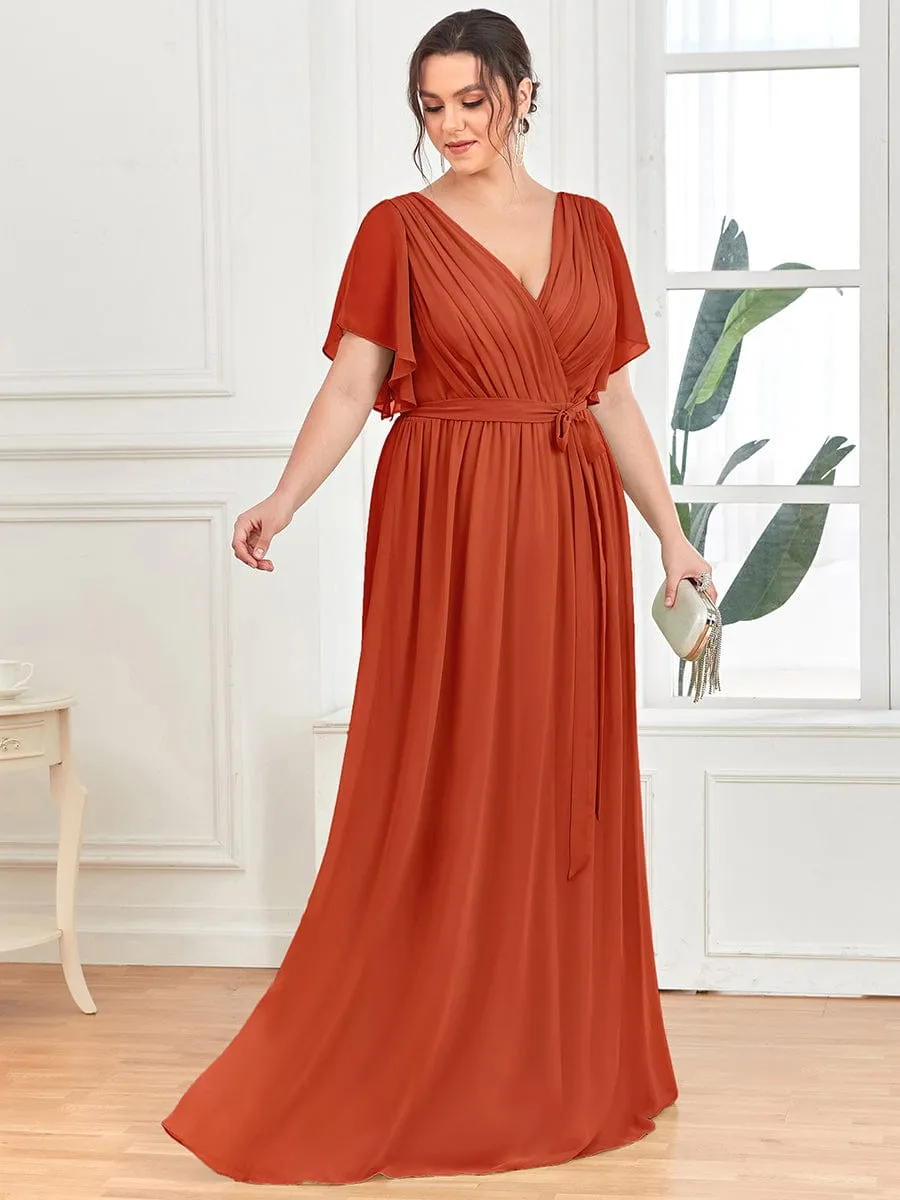 Chiffon Pleated V-Neck Flutter Sleeve Maxi Bridesmaid Dress