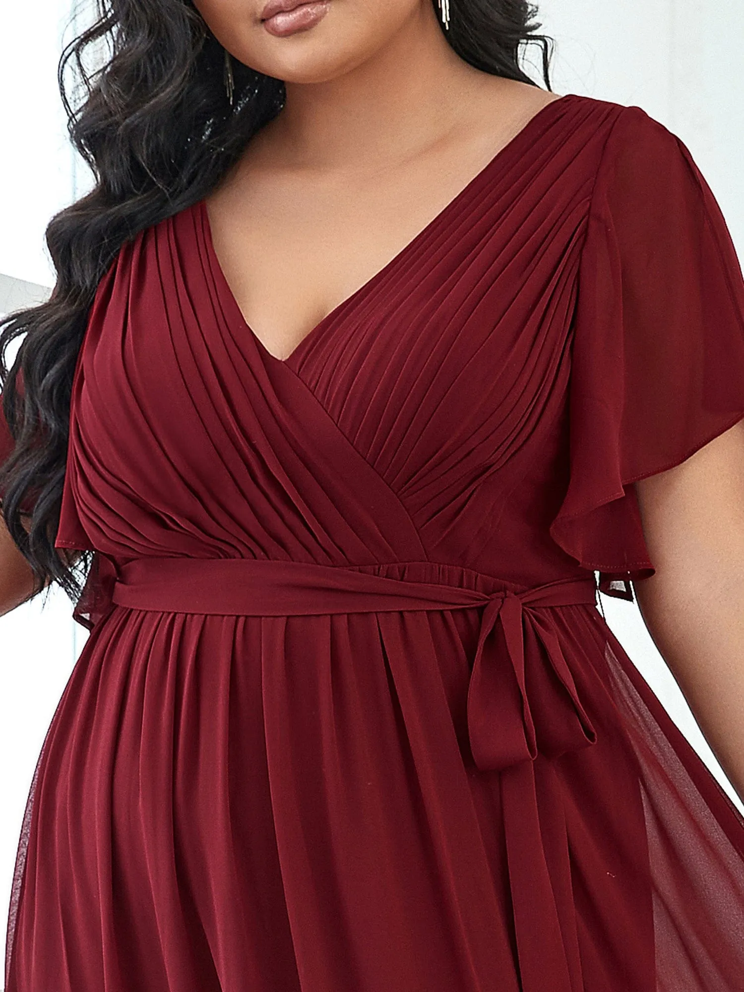 Chiffon Pleated V-Neck Flutter Sleeve Maxi Bridesmaid Dress