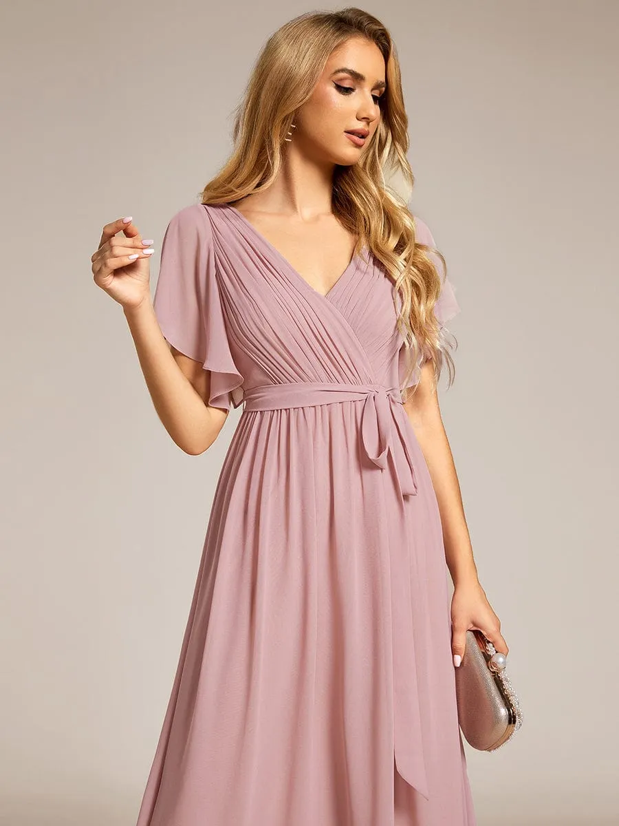 Chiffon Pleated V-Neck Flutter Sleeve Maxi Bridesmaid Dress