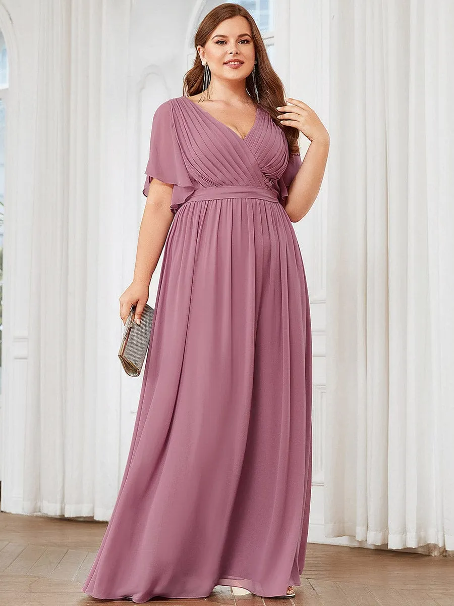 Chiffon Pleated V-Neck Flutter Sleeve Maxi Bridesmaid Dress