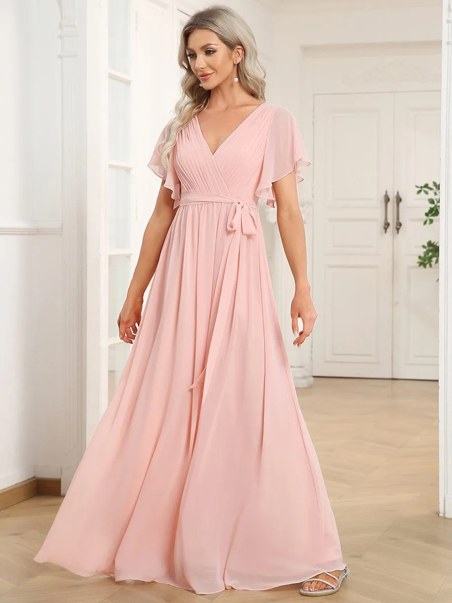 Chiffon Pleated V-Neck Flutter Sleeve Maxi Bridesmaid Dress