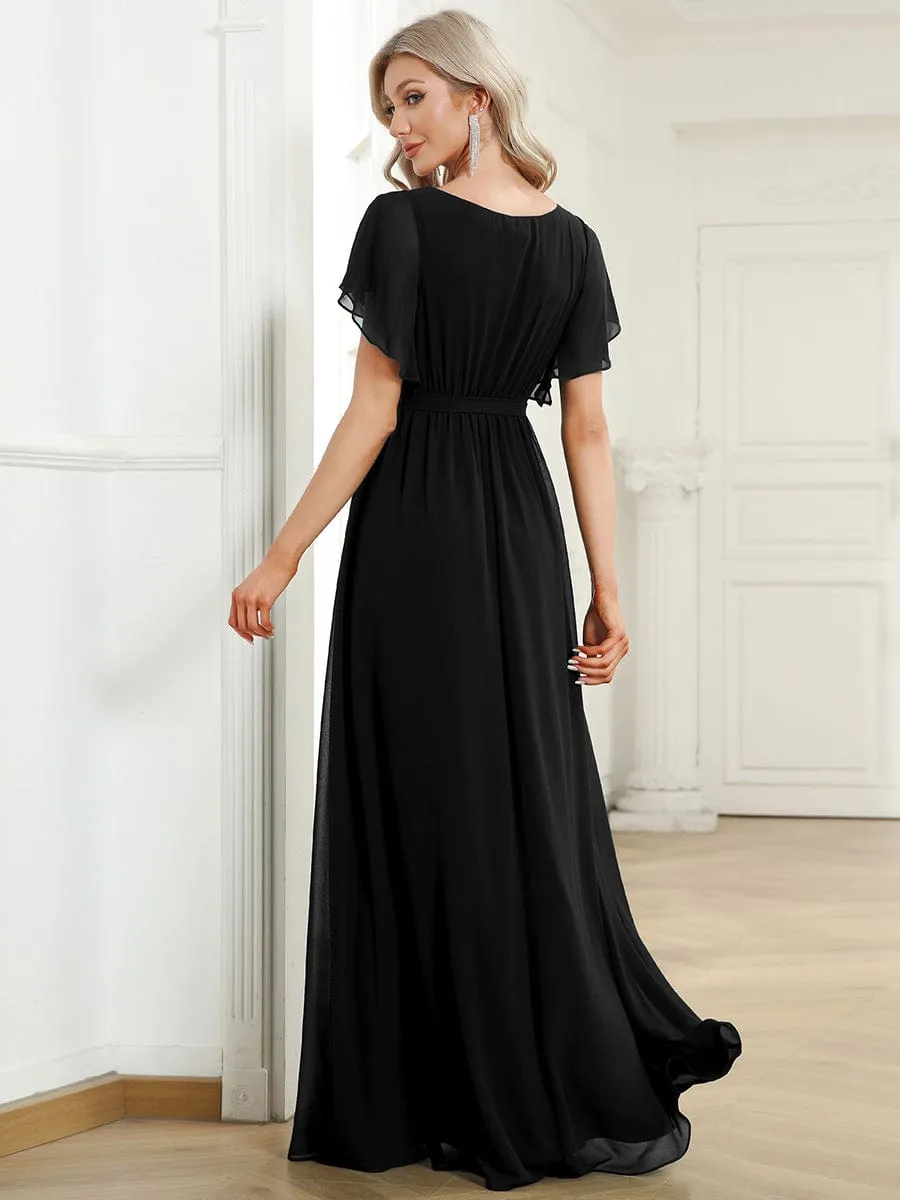 Chiffon Pleated V-Neck Flutter Sleeve Maxi Bridesmaid Dress