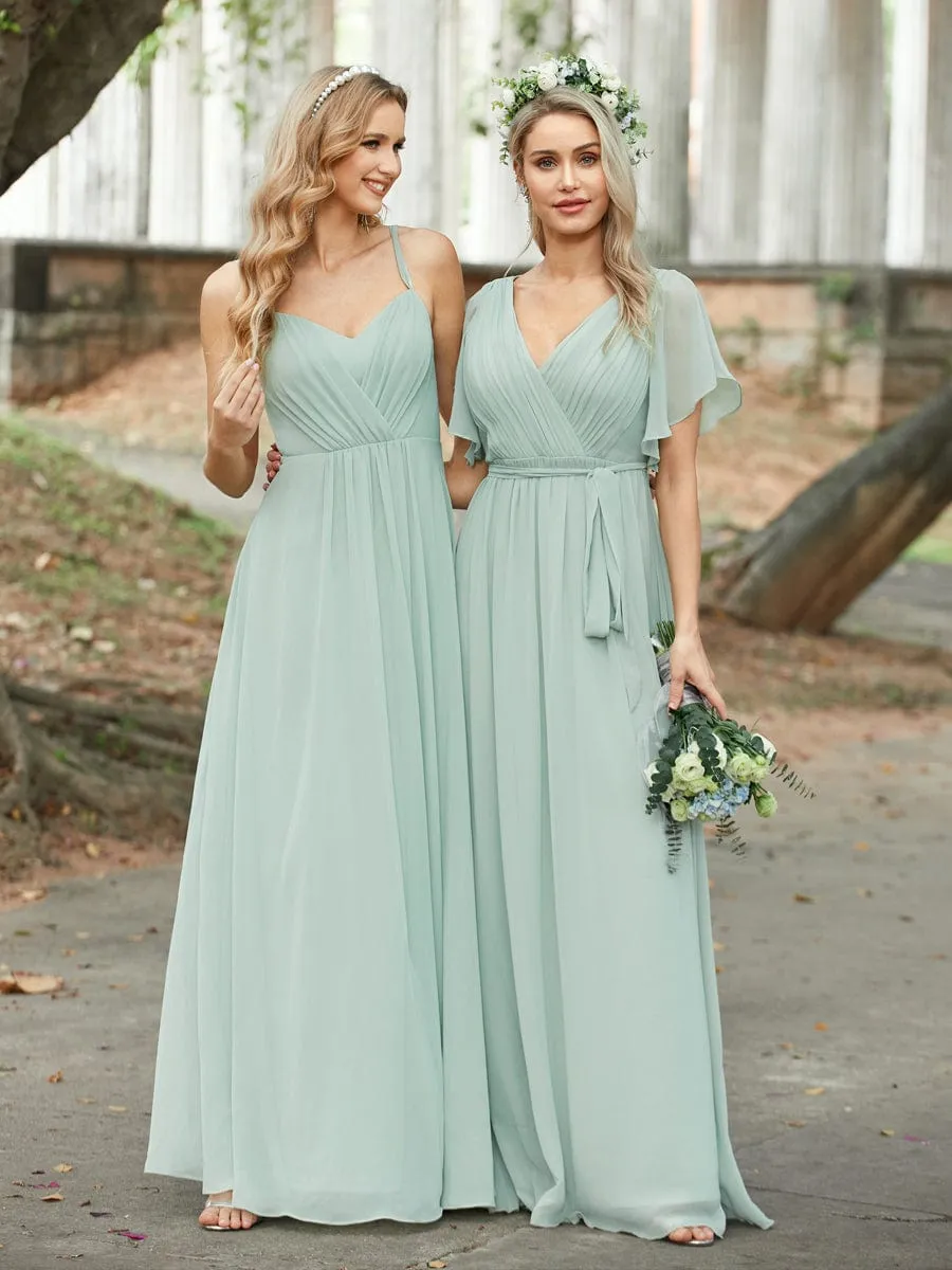 Chiffon Pleated V-Neck Flutter Sleeve Maxi Bridesmaid Dress