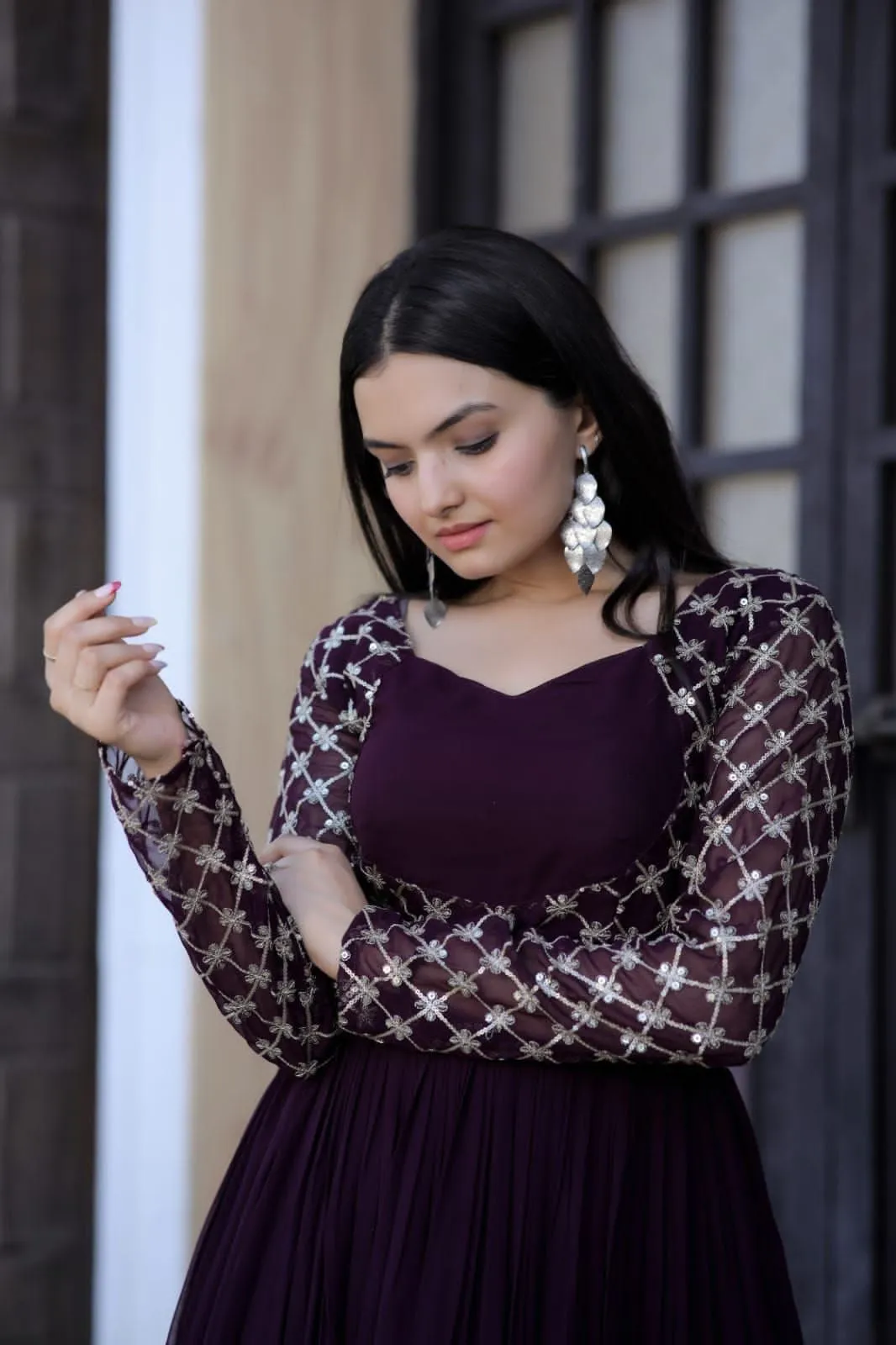Classic Designer Wine Color Embroidery Gown