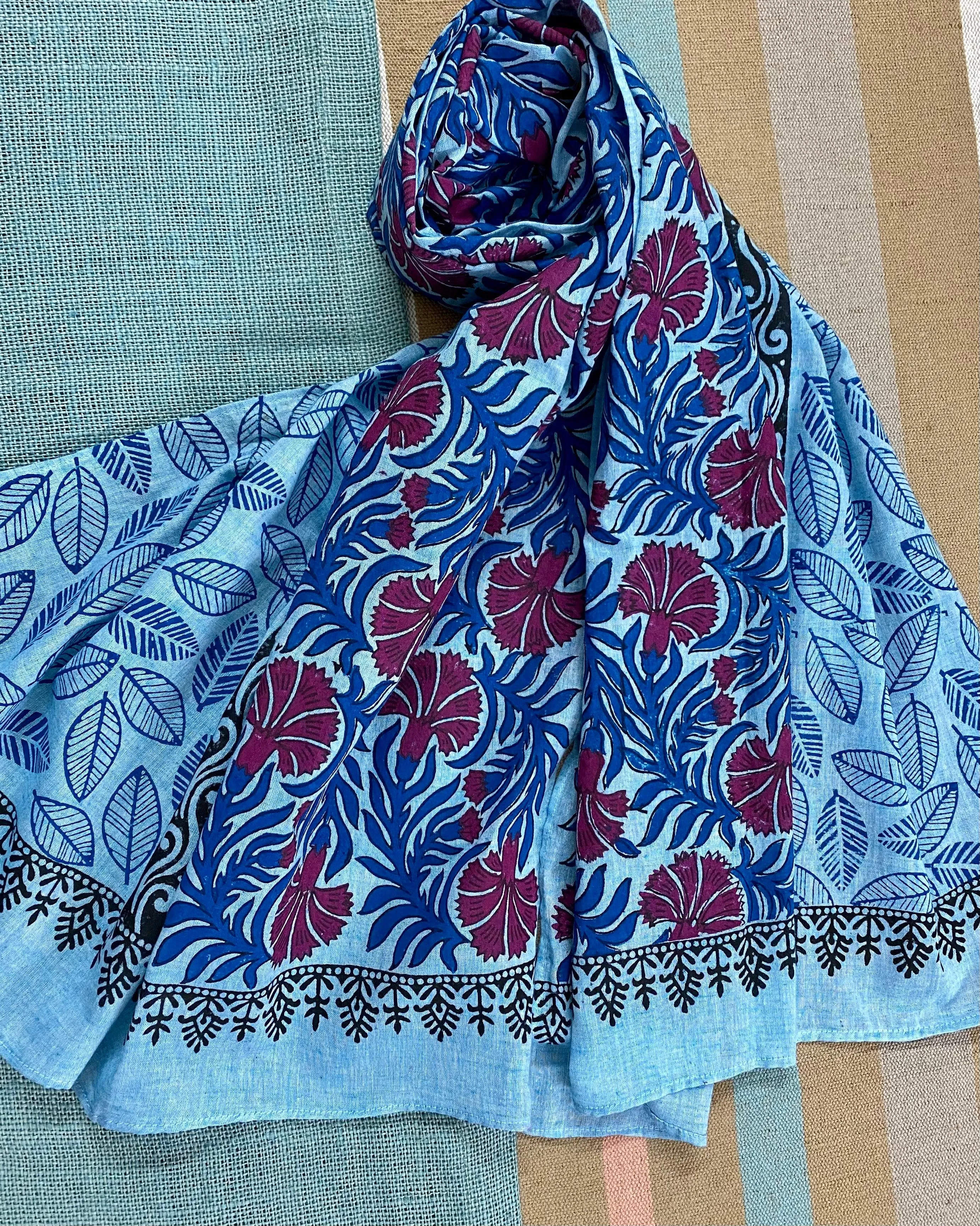 Classy Carnations Block Printed on Fine Cotton Scarf