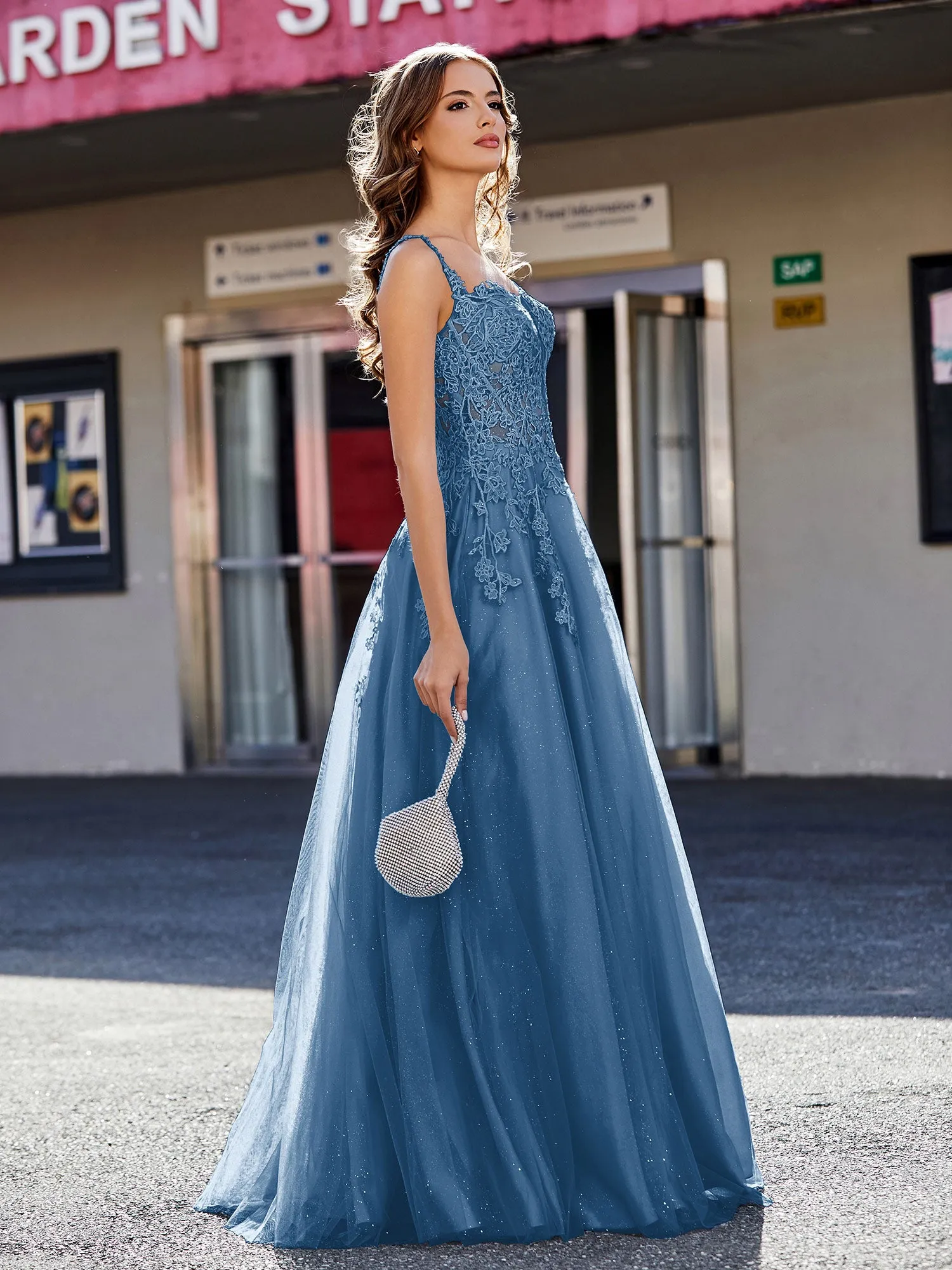 Corset Bodice A Line Tulle Gown Ink Blue