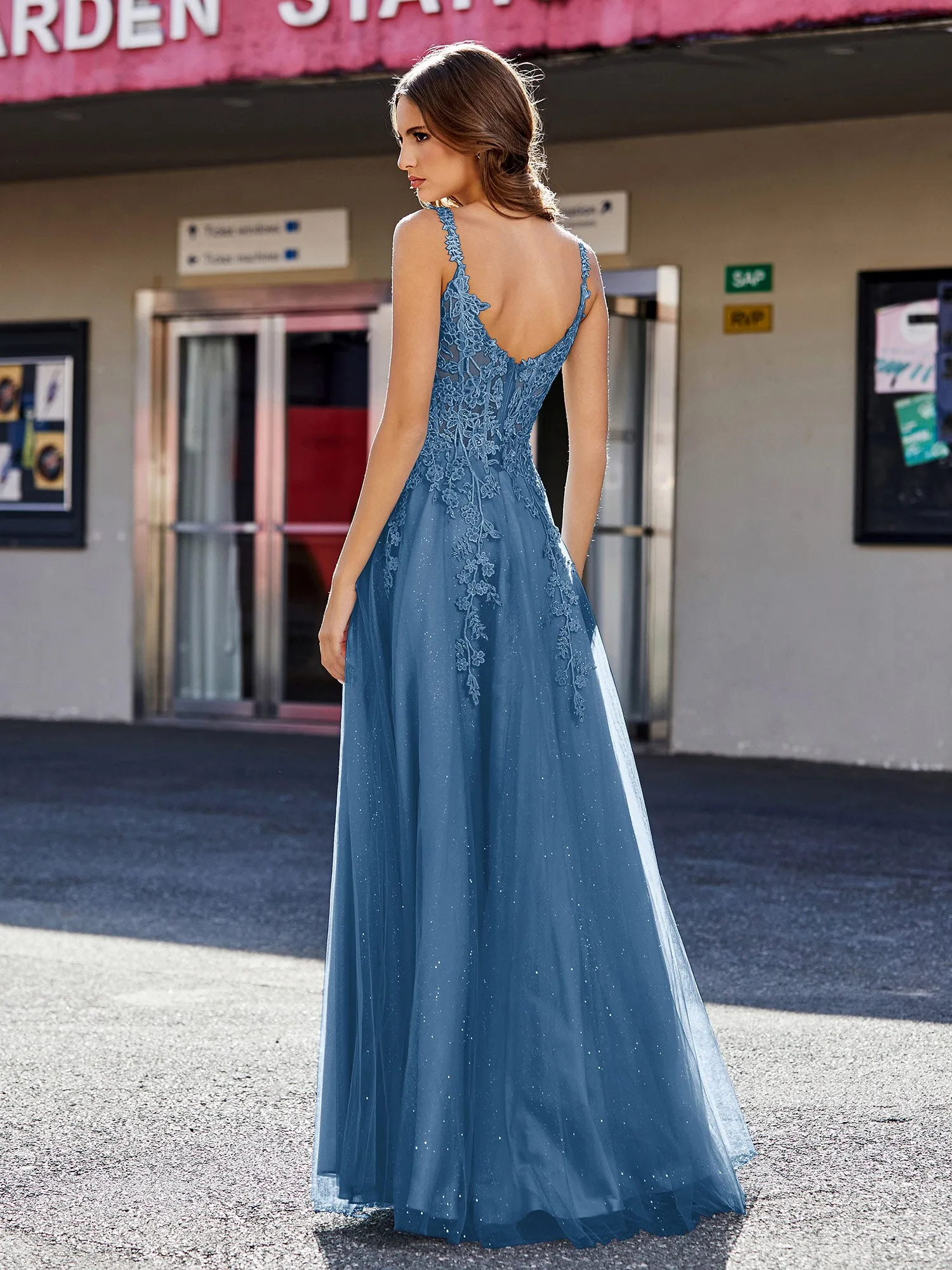 Corset Bodice A Line Tulle Gown Ink Blue