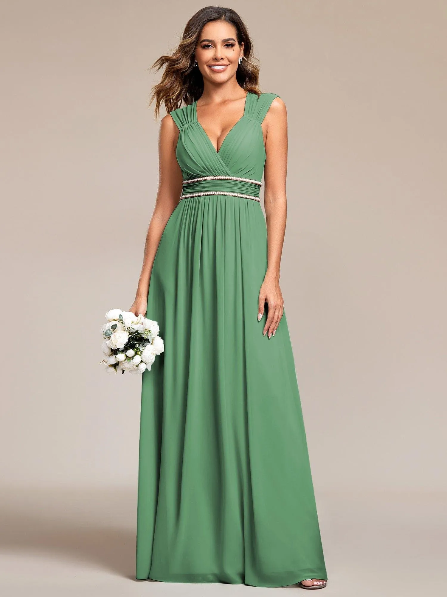 Custom Size V-Neck Sleeveless Beaded Belt Chiffon A-Line Evening Dress