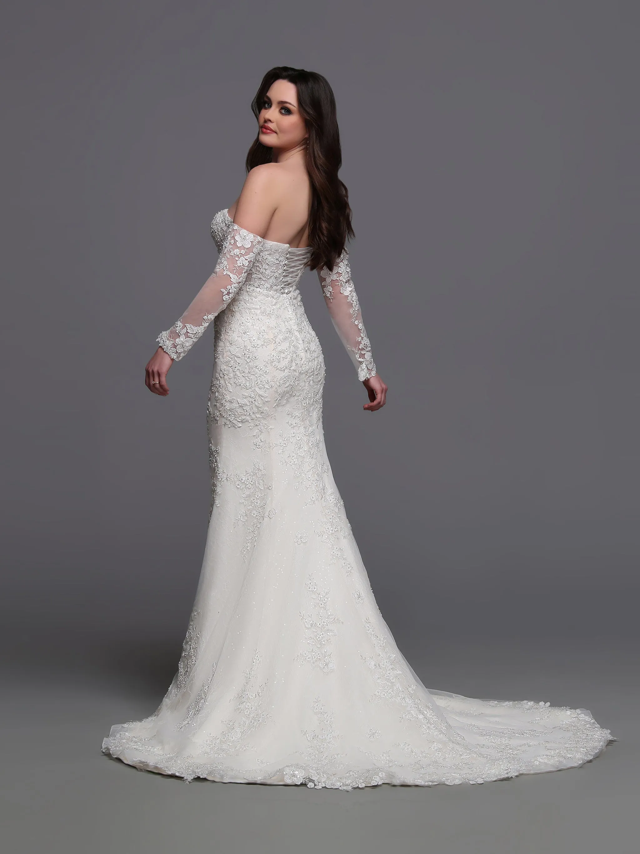 Davinci Bridal 50881 Size 14 Ivory/Nude Beaded Lace Wedding Dress long sleeve Corset Bridal Gown Train Mermaid