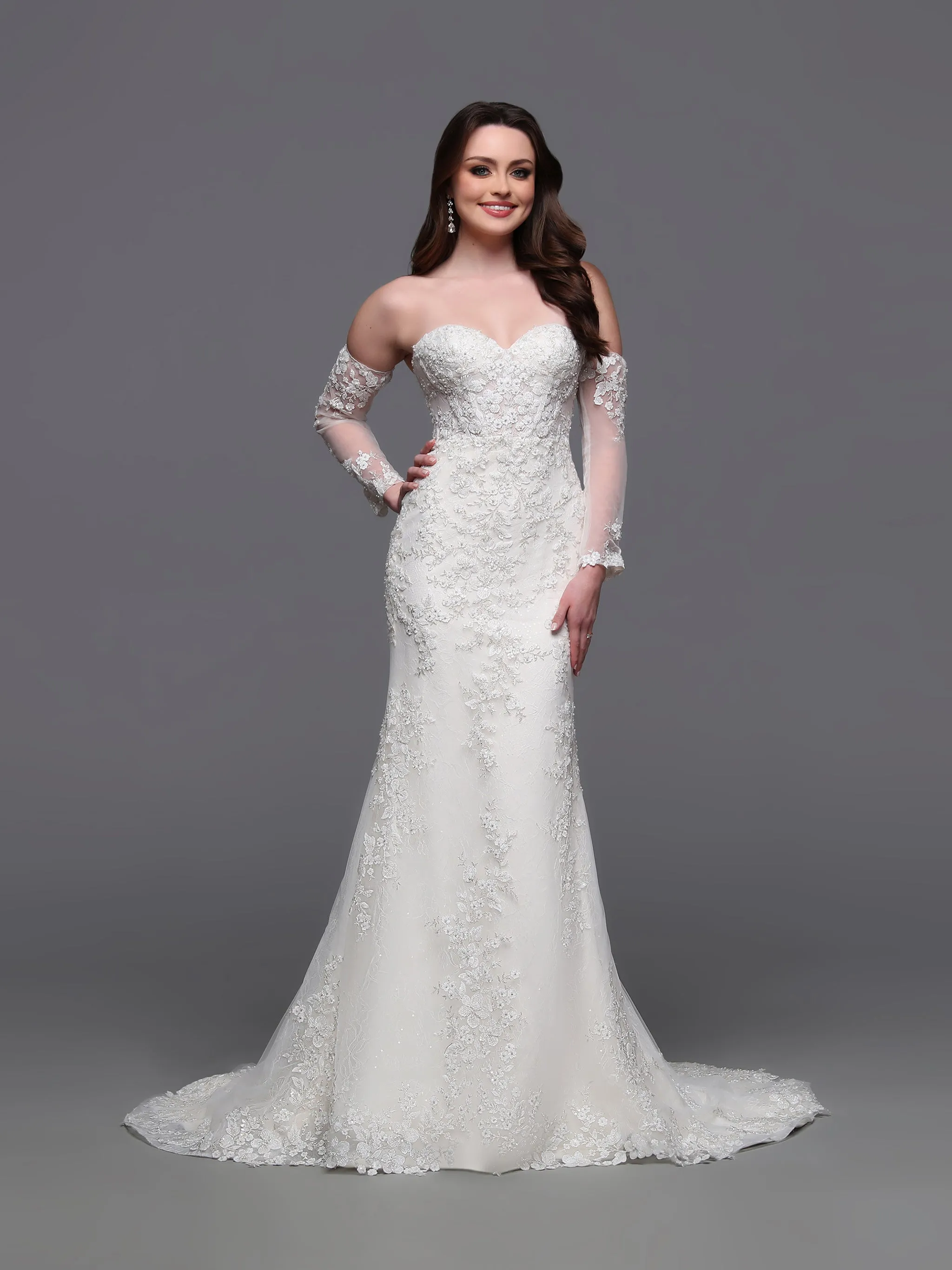 Davinci Bridal 50881 Size 14 Ivory/Nude Beaded Lace Wedding Dress long sleeve Corset Bridal Gown Train Mermaid
