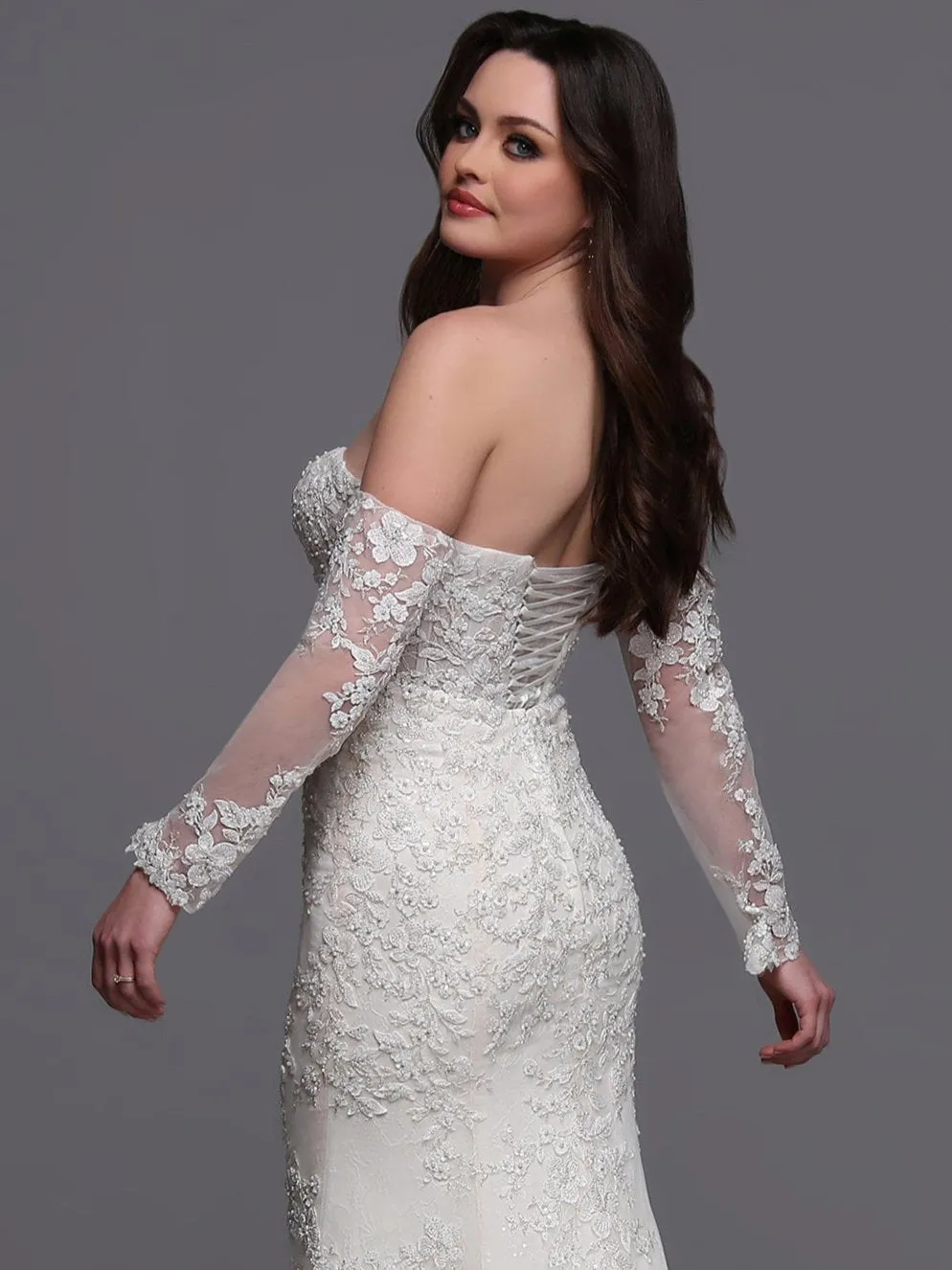 Davinci Bridal 50881 Size 14 Ivory/Nude Beaded Lace Wedding Dress long sleeve Corset Bridal Gown Train Mermaid