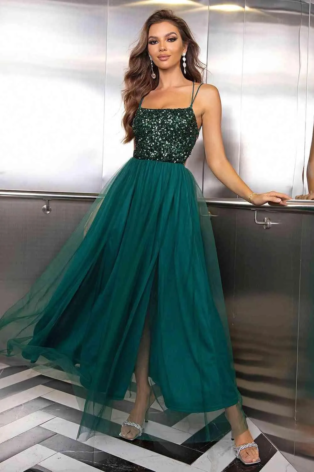 Elegant Backless Mesh Gown with Sheer Smocked Details