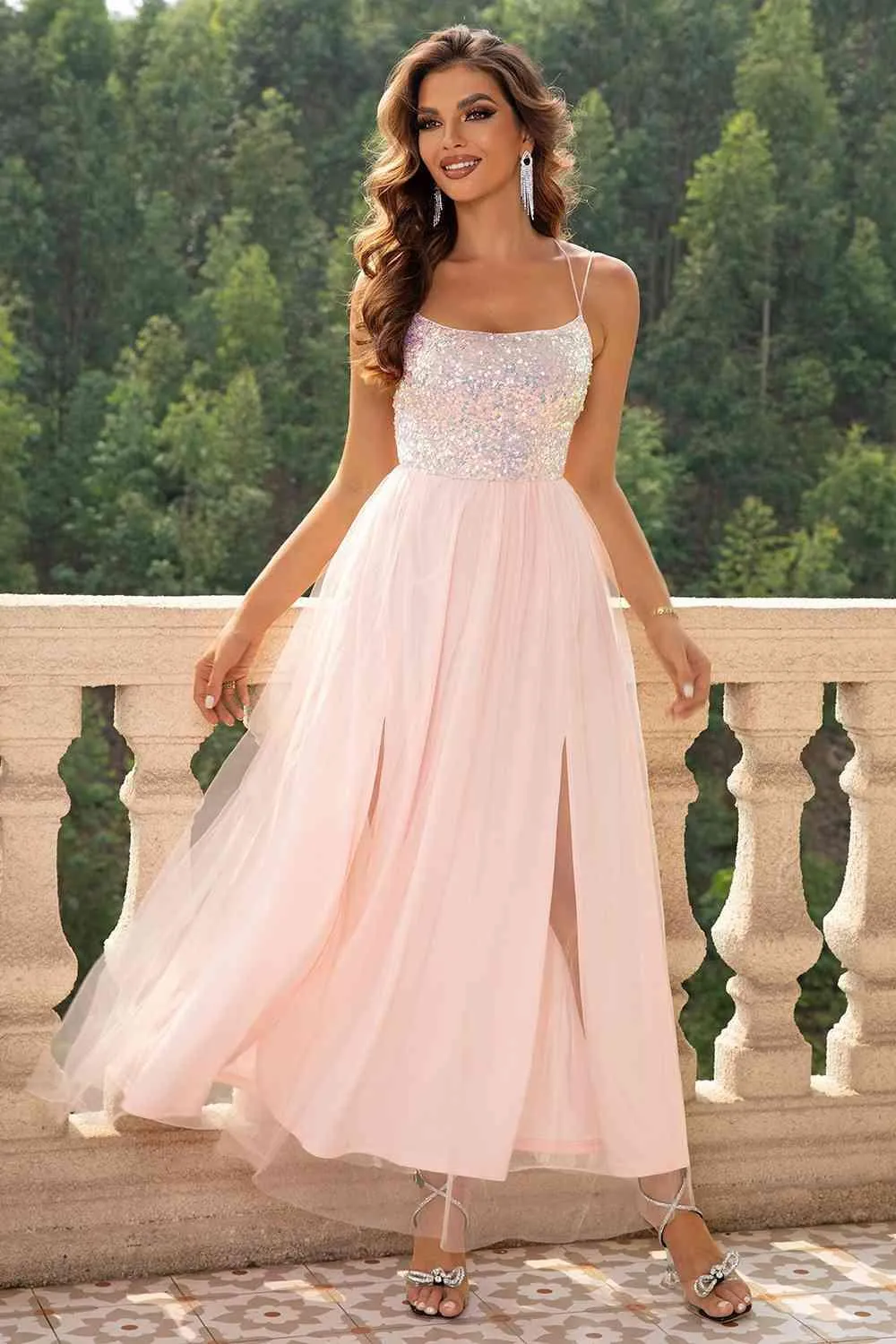 Elegant Backless Mesh Gown with Sheer Smocked Details