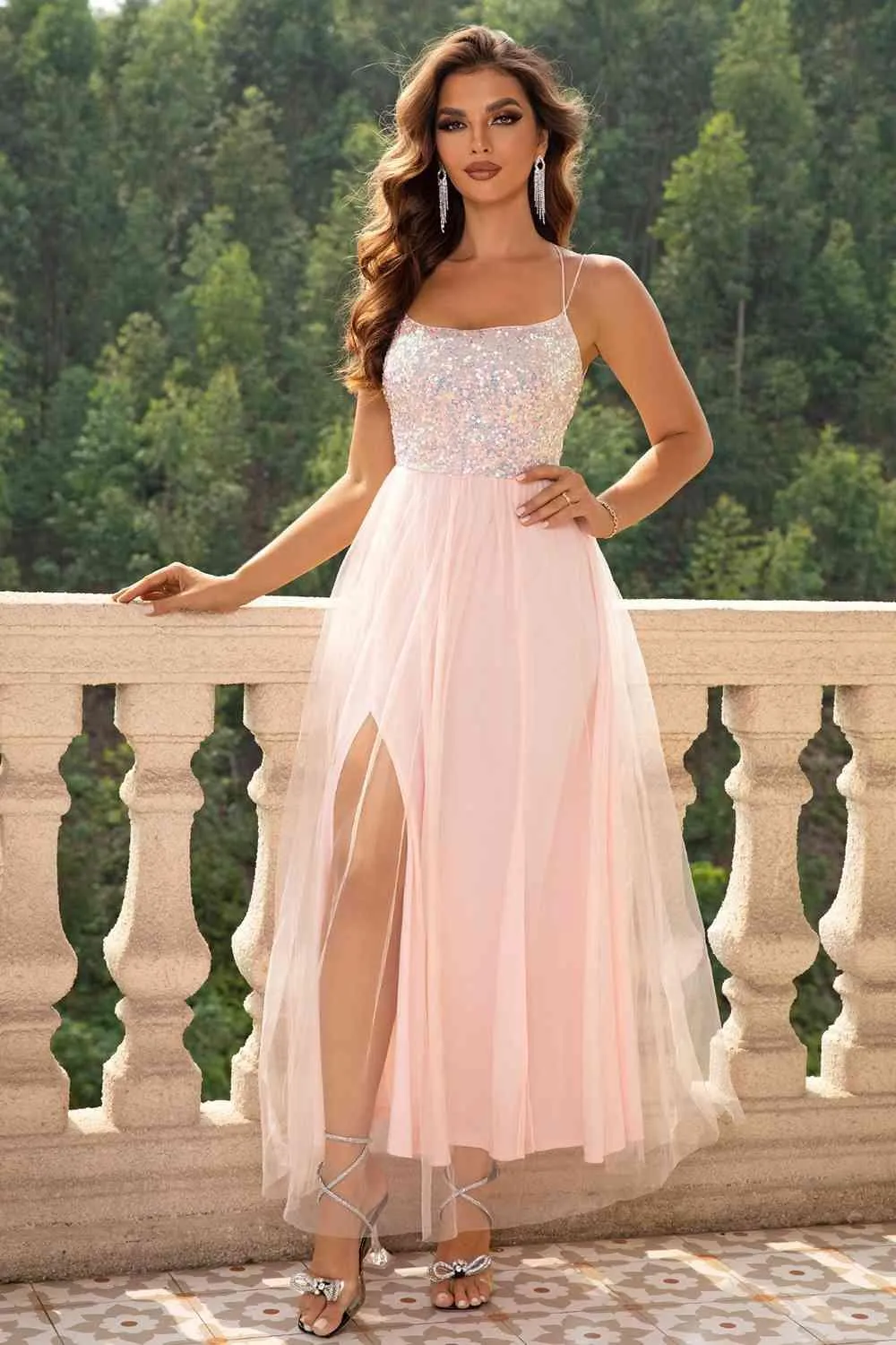 Elegant Backless Mesh Gown with Sheer Smocked Details