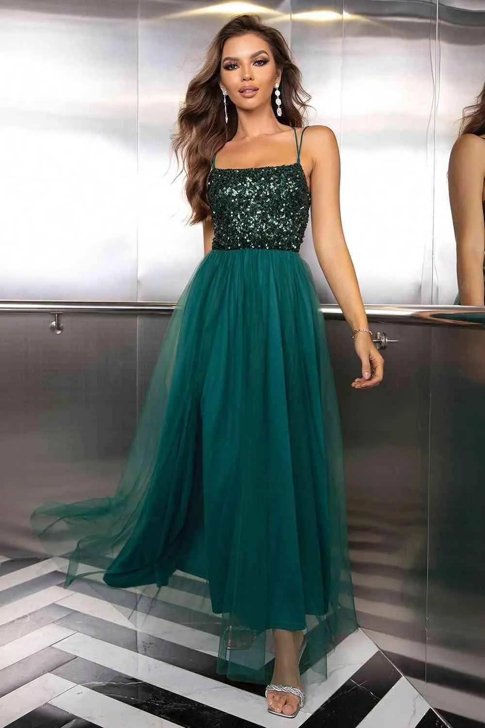 Elegant Backless Mesh Gown with Sheer Smocked Details
