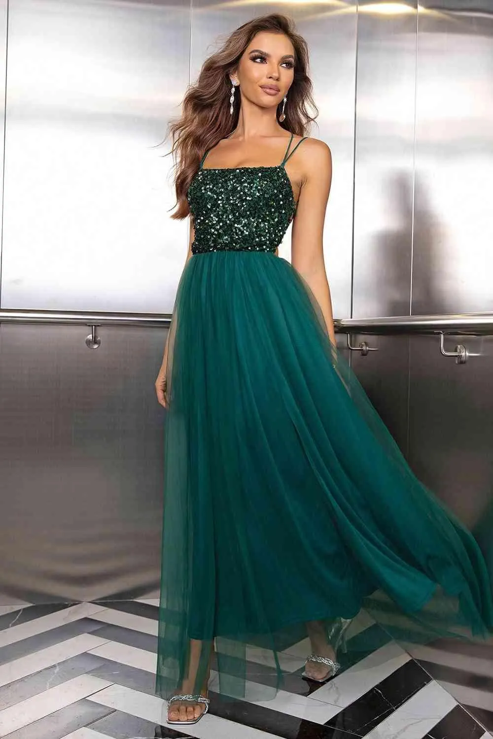 Elegant Backless Mesh Gown with Sheer Smocked Details