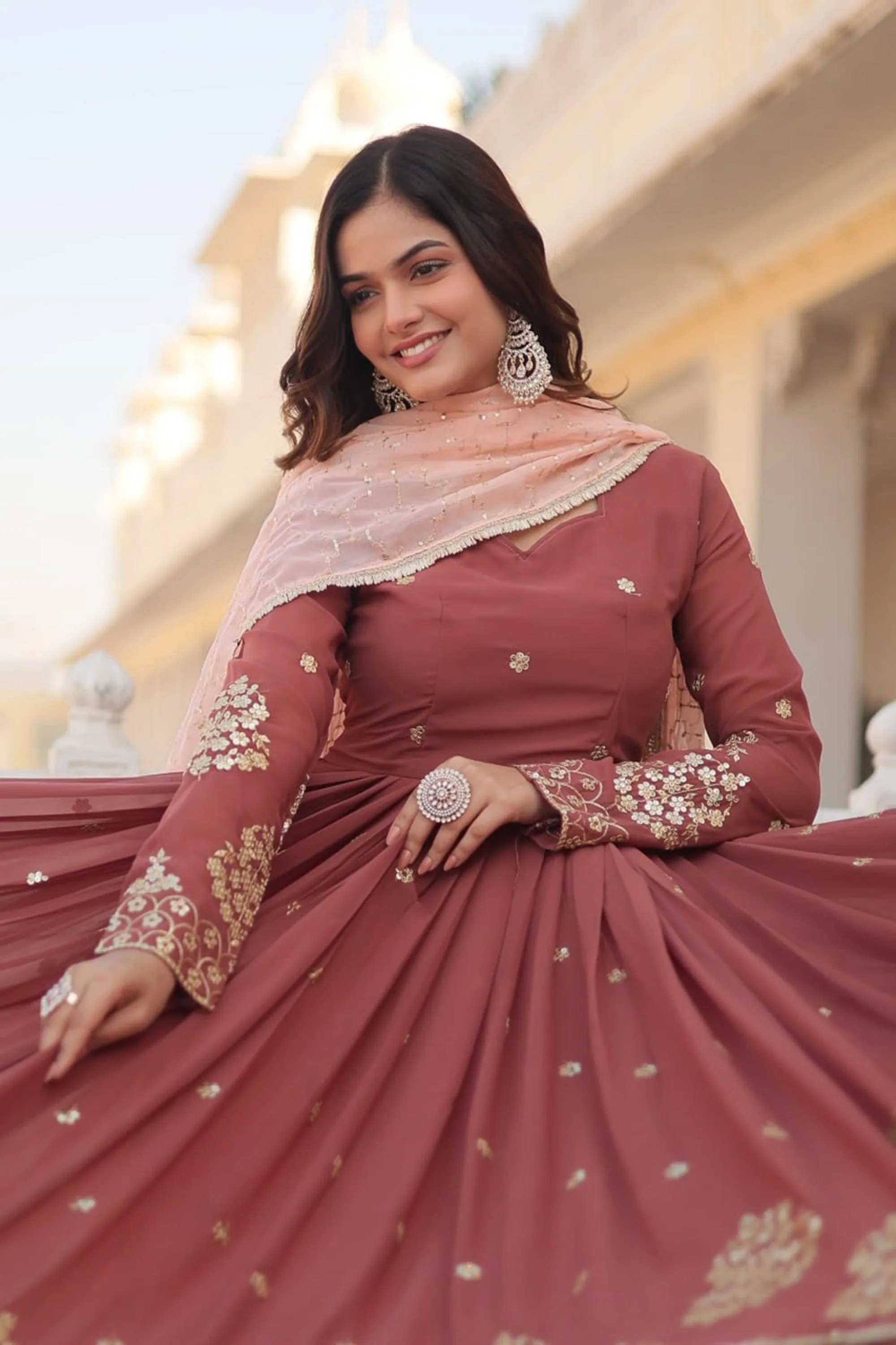 Elegant Faux Georgette Gown with Zari, Thread & Sequins Embroidery