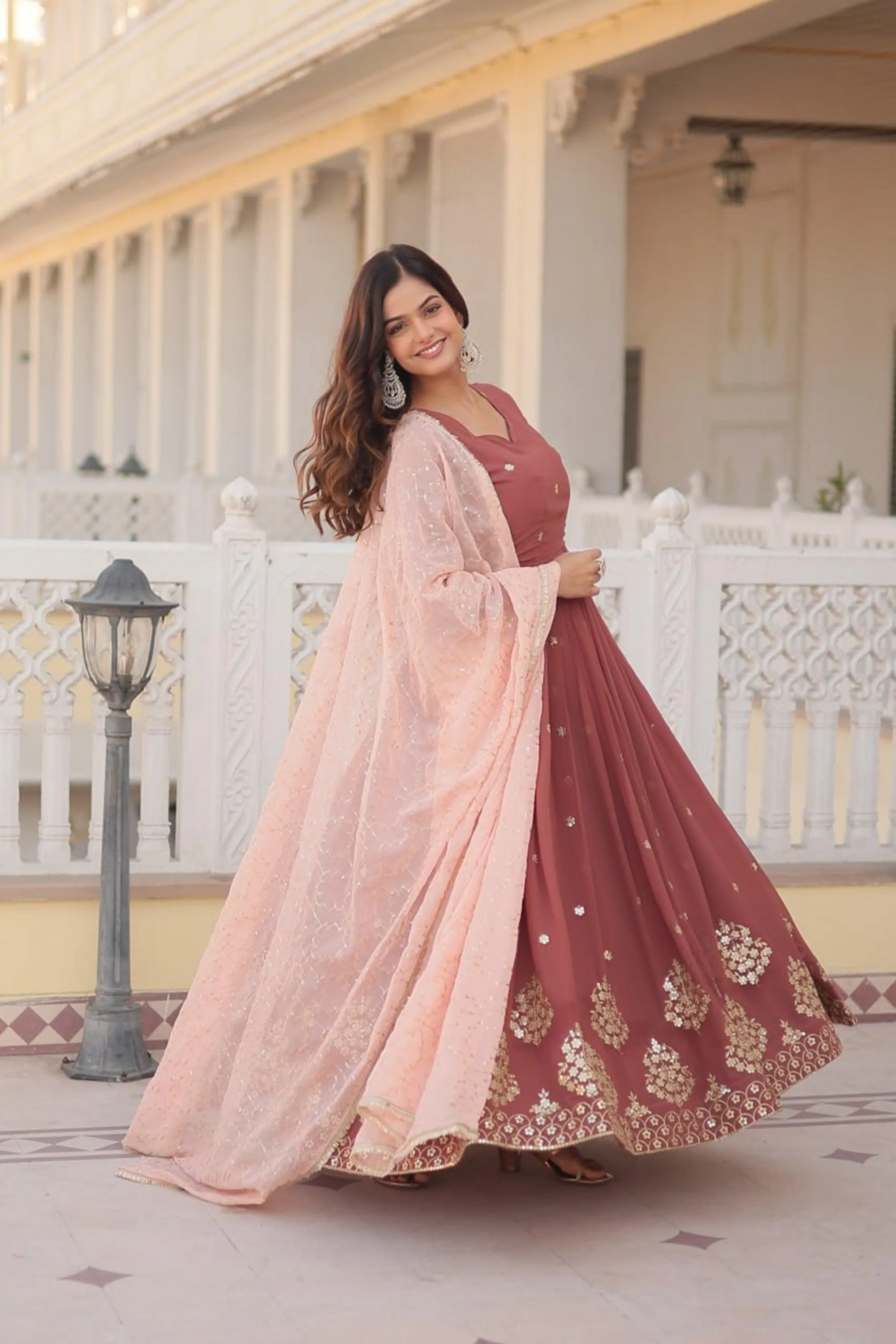 Elegant Faux Georgette Gown with Zari, Thread & Sequins Embroidery