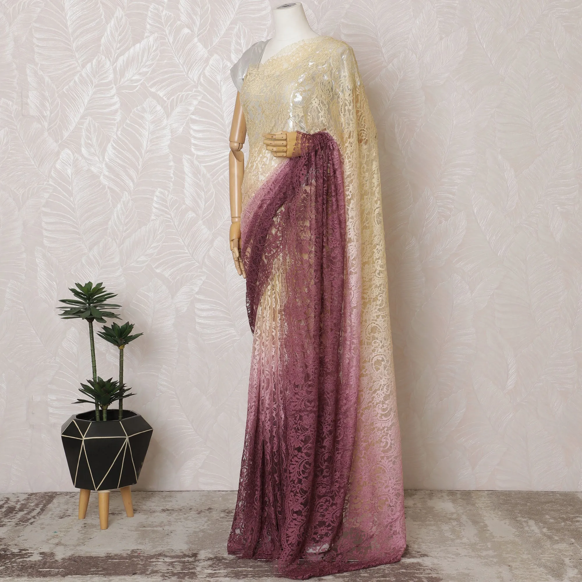 Elegant French Ombre Chantilly Lace Fabric - Yellow to Pink and Burgundy Design, 110 cm Width, 5.5 Meters-D19464