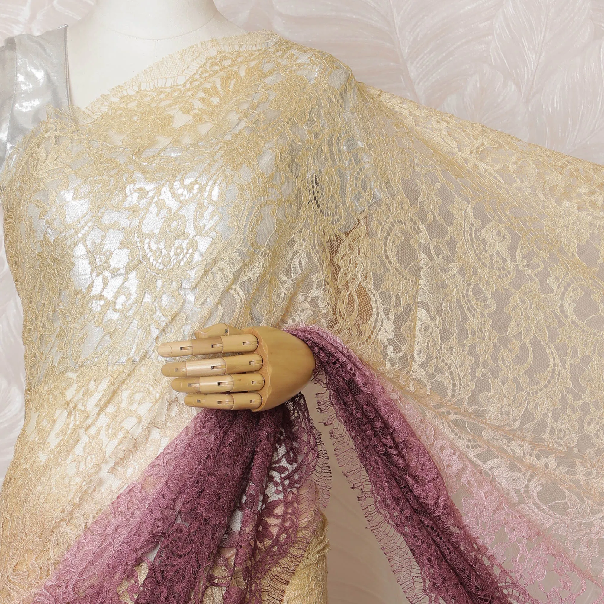 Elegant French Ombre Chantilly Lace Fabric - Yellow to Pink and Burgundy Design, 110 cm Width, 5.5 Meters-D19464