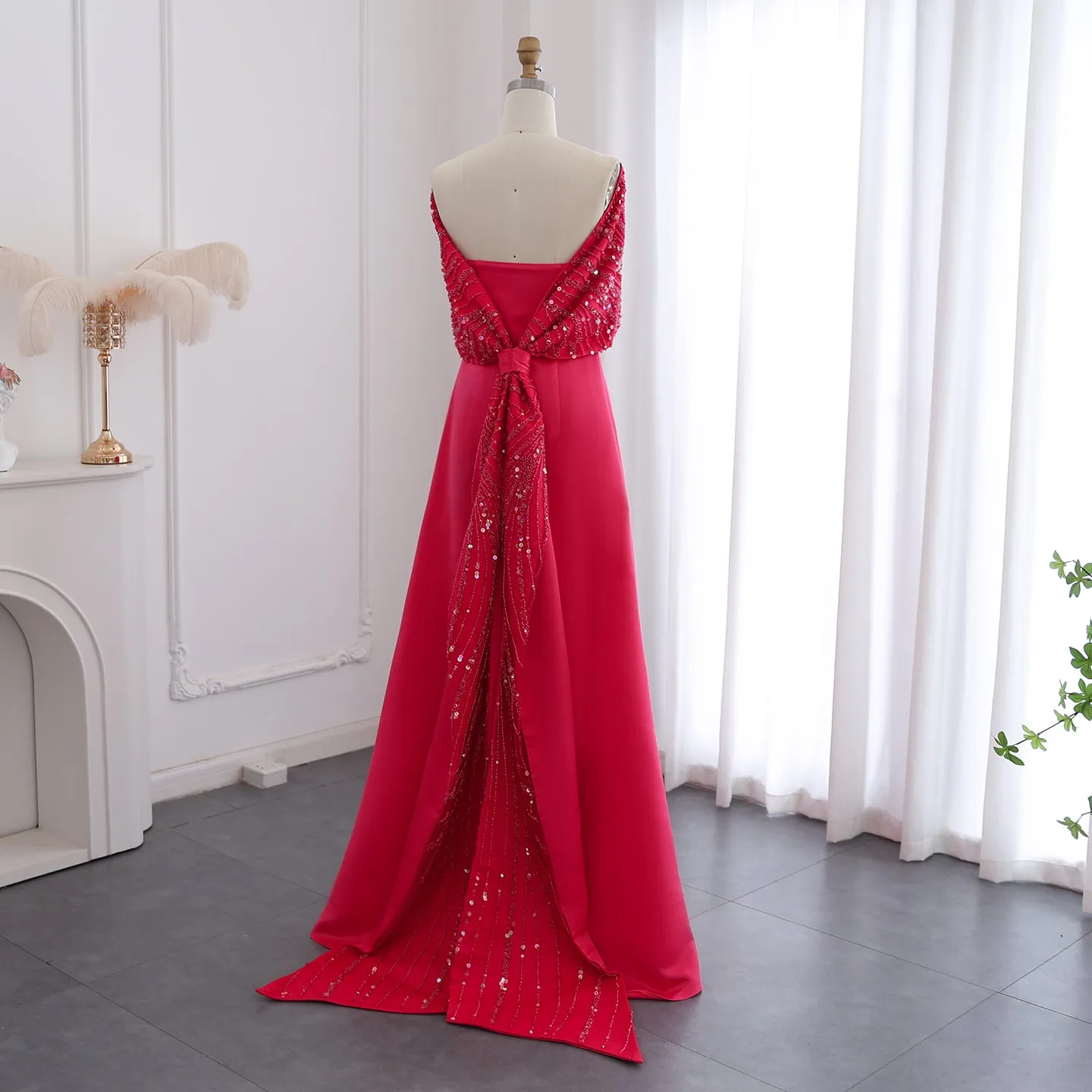 Elegant Off Shoulder Fuchsia Evening Dress with Cape SS482
