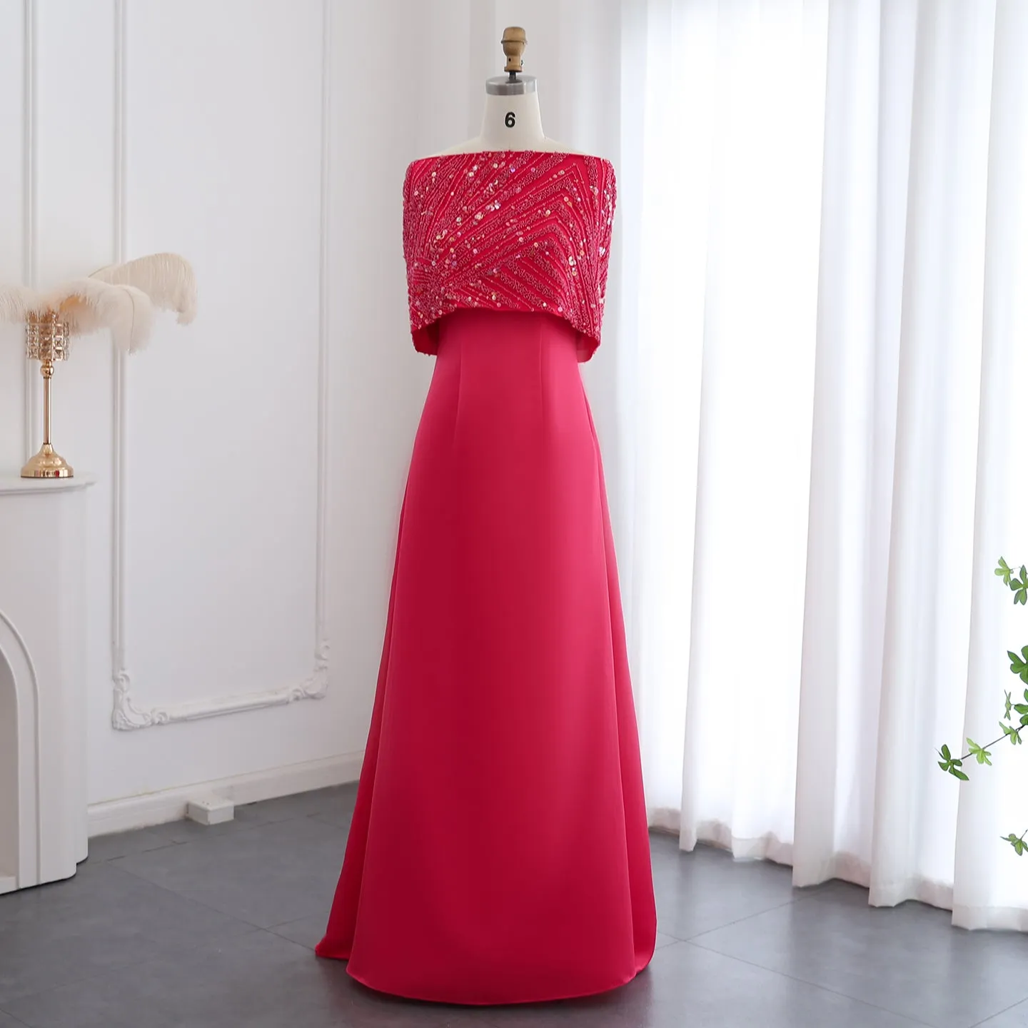 Elegant Off Shoulder Fuchsia Evening Dress with Cape SS482