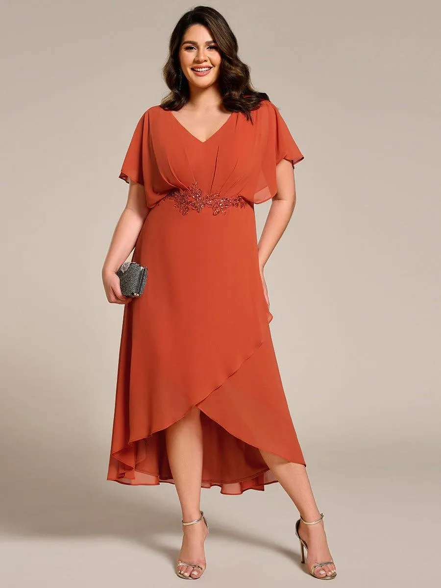 Elegant Short Sleeves A-Line Waist Applique Formal Dress with Lotus Leaf Hem