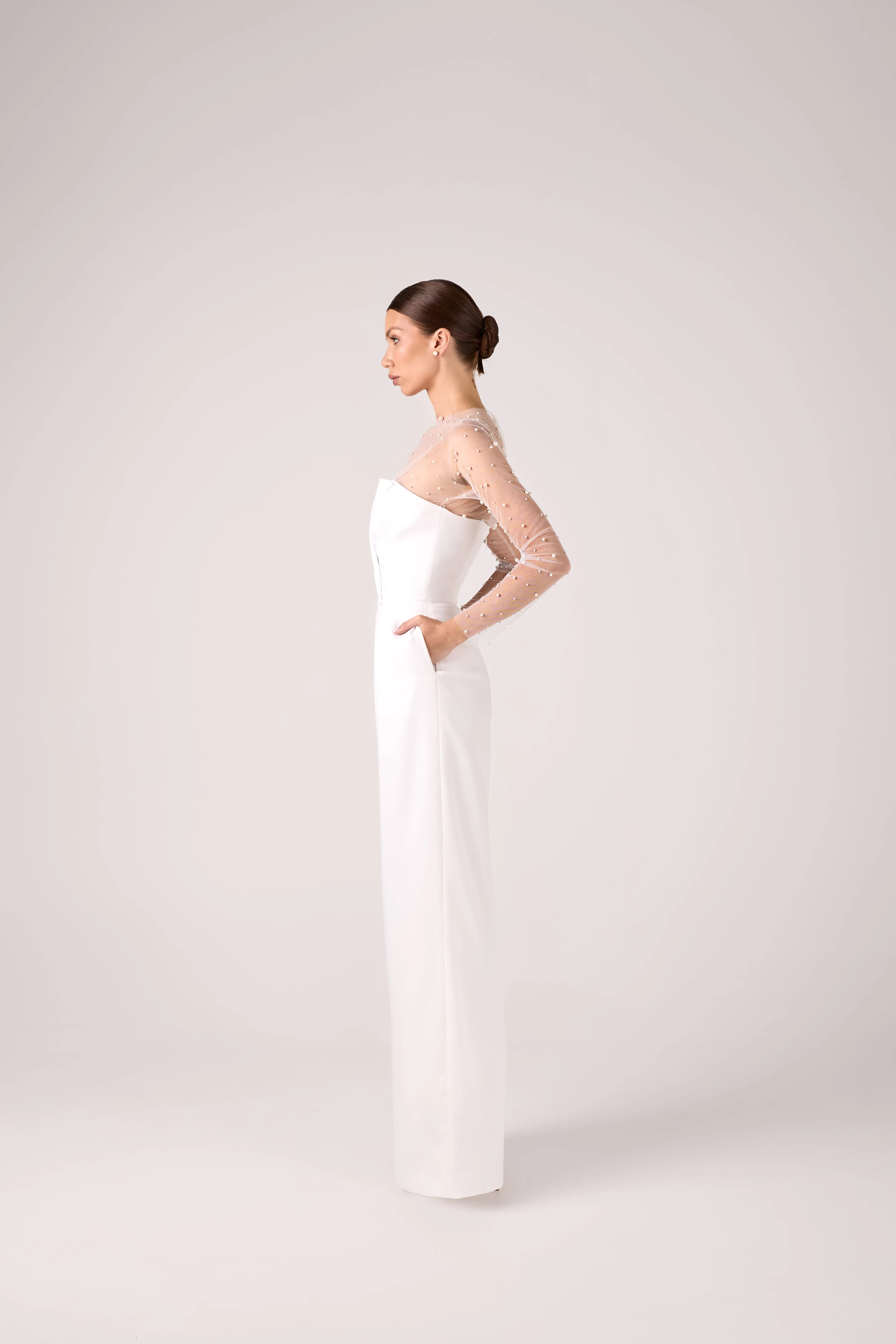 Elegant Wedding Crepe Jumpsuit with Tulle Top and Pearl Embellishments