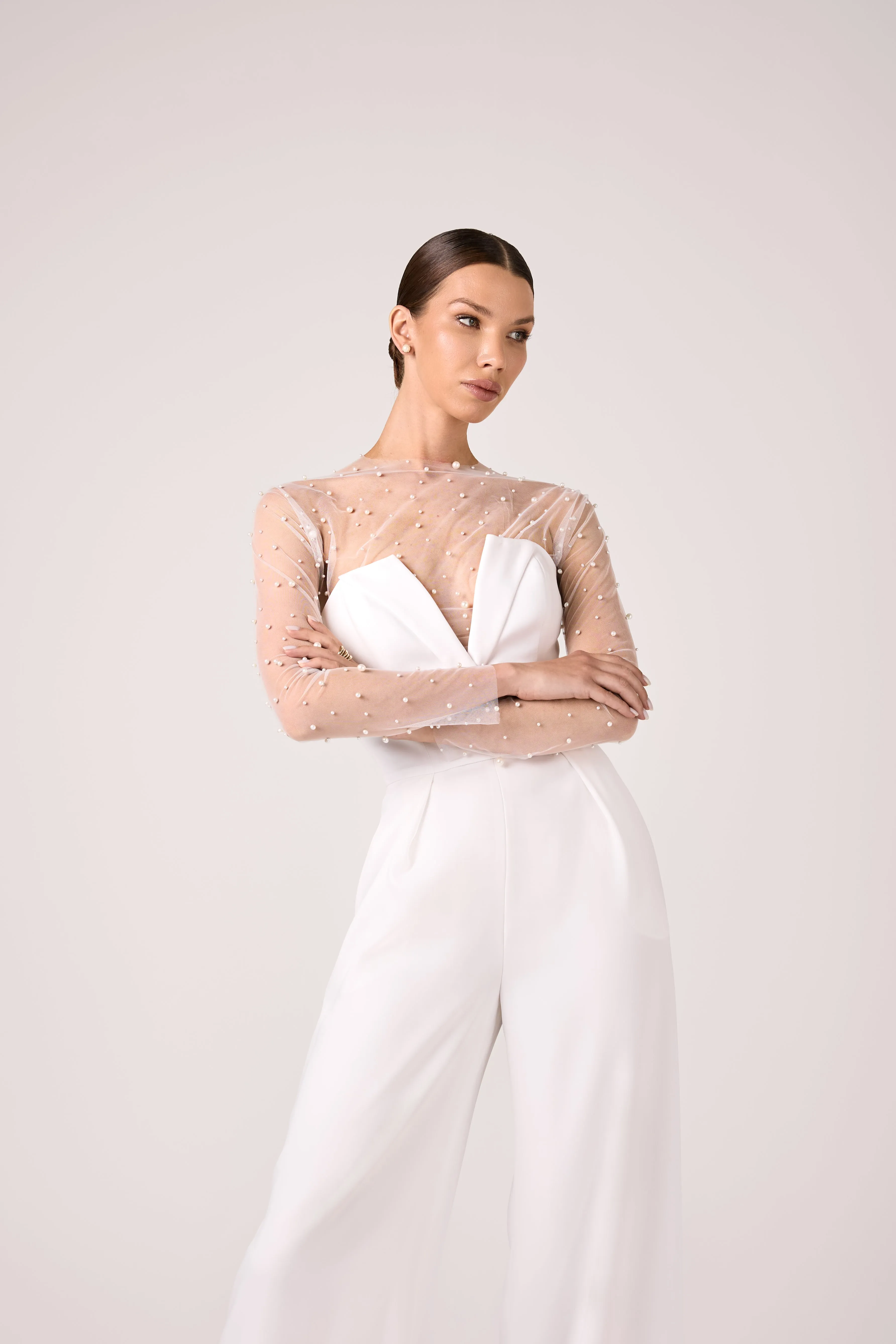 Elegant Wedding Crepe Jumpsuit with Tulle Top and Pearl Embellishments