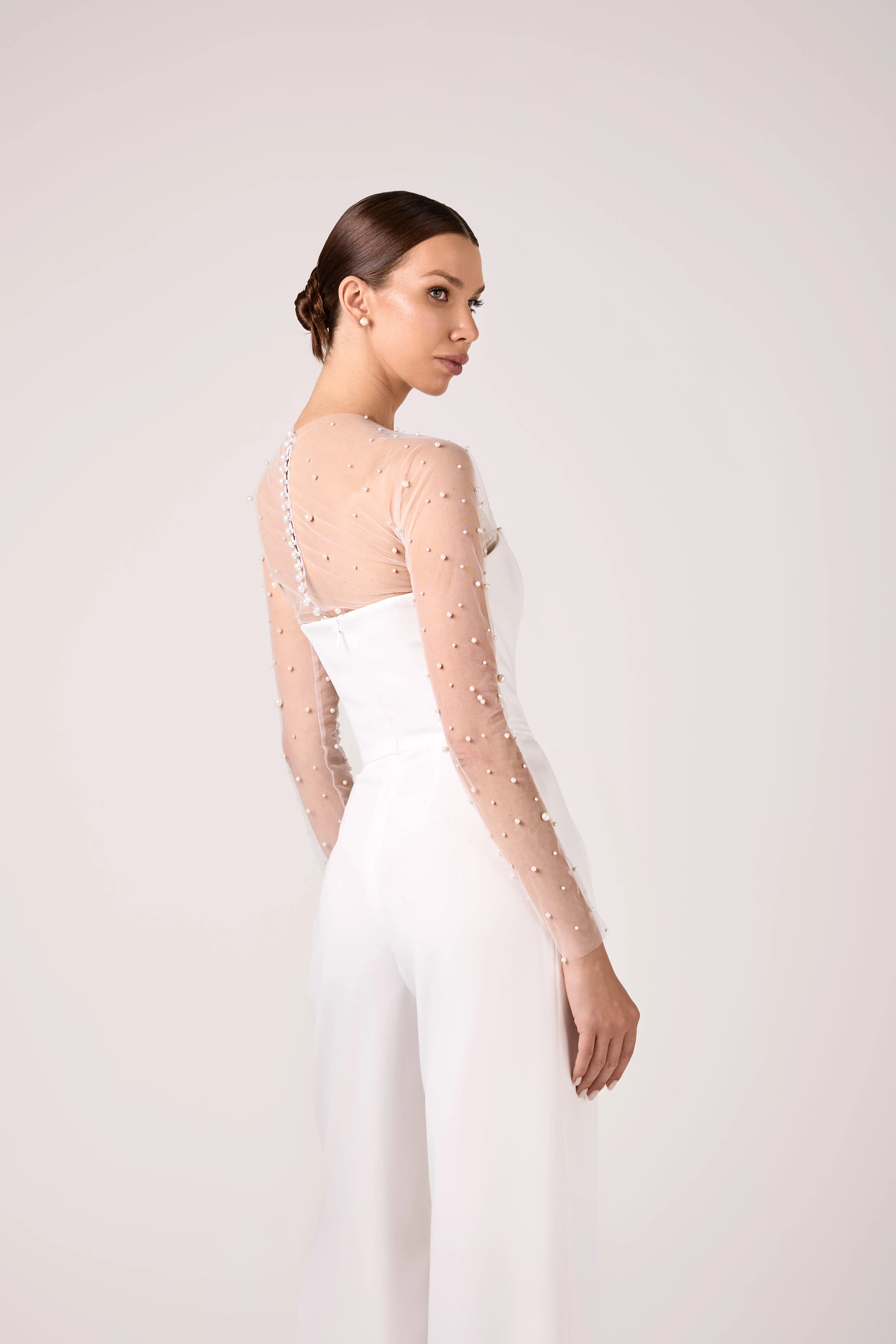 Elegant Wedding Crepe Jumpsuit with Tulle Top and Pearl Embellishments