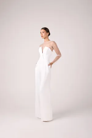 Elegant Wedding Crepe Jumpsuit with Tulle Top and Pearl Embellishments