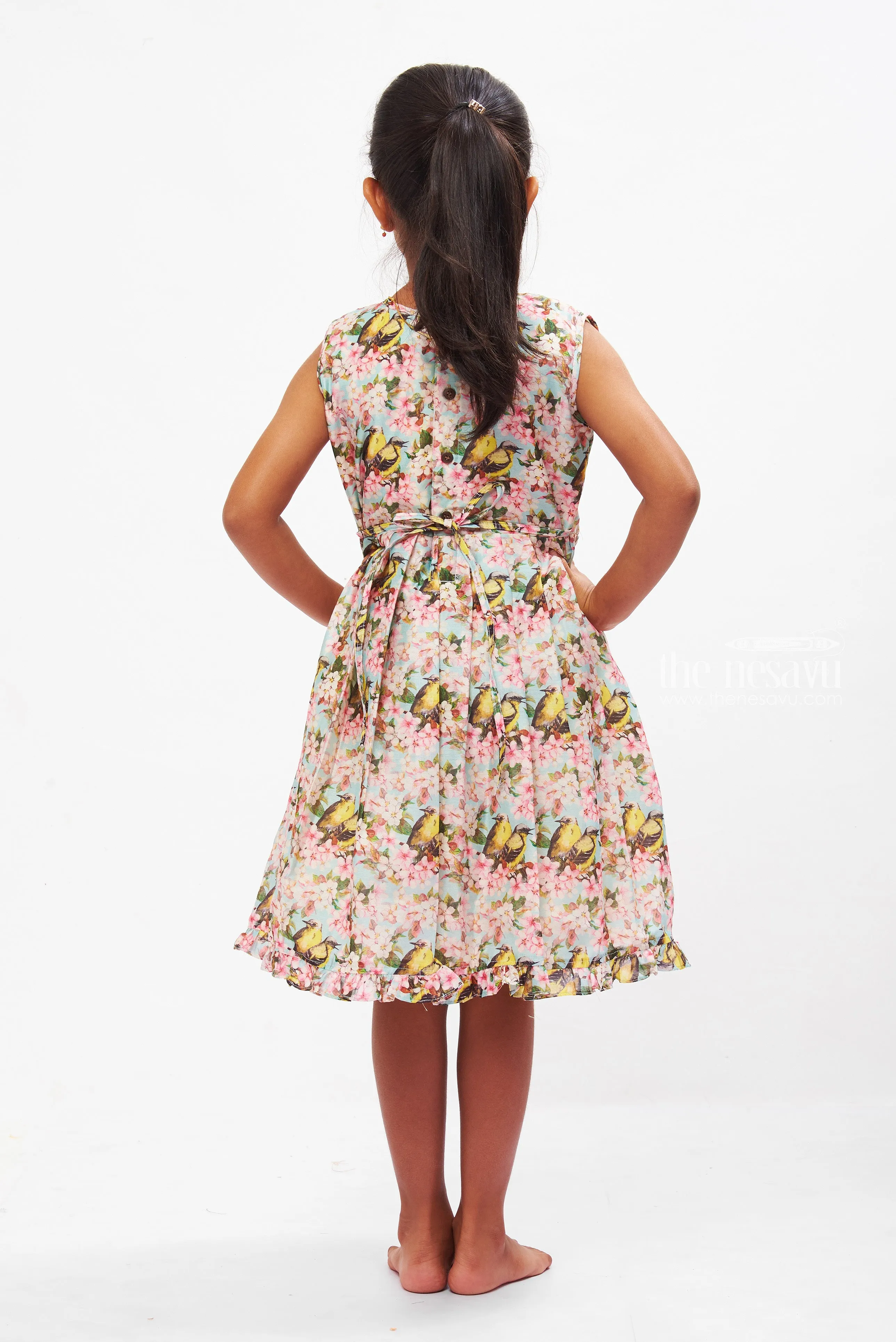 Enchanting Blossom and Bird Print Cotton Frock for Girls