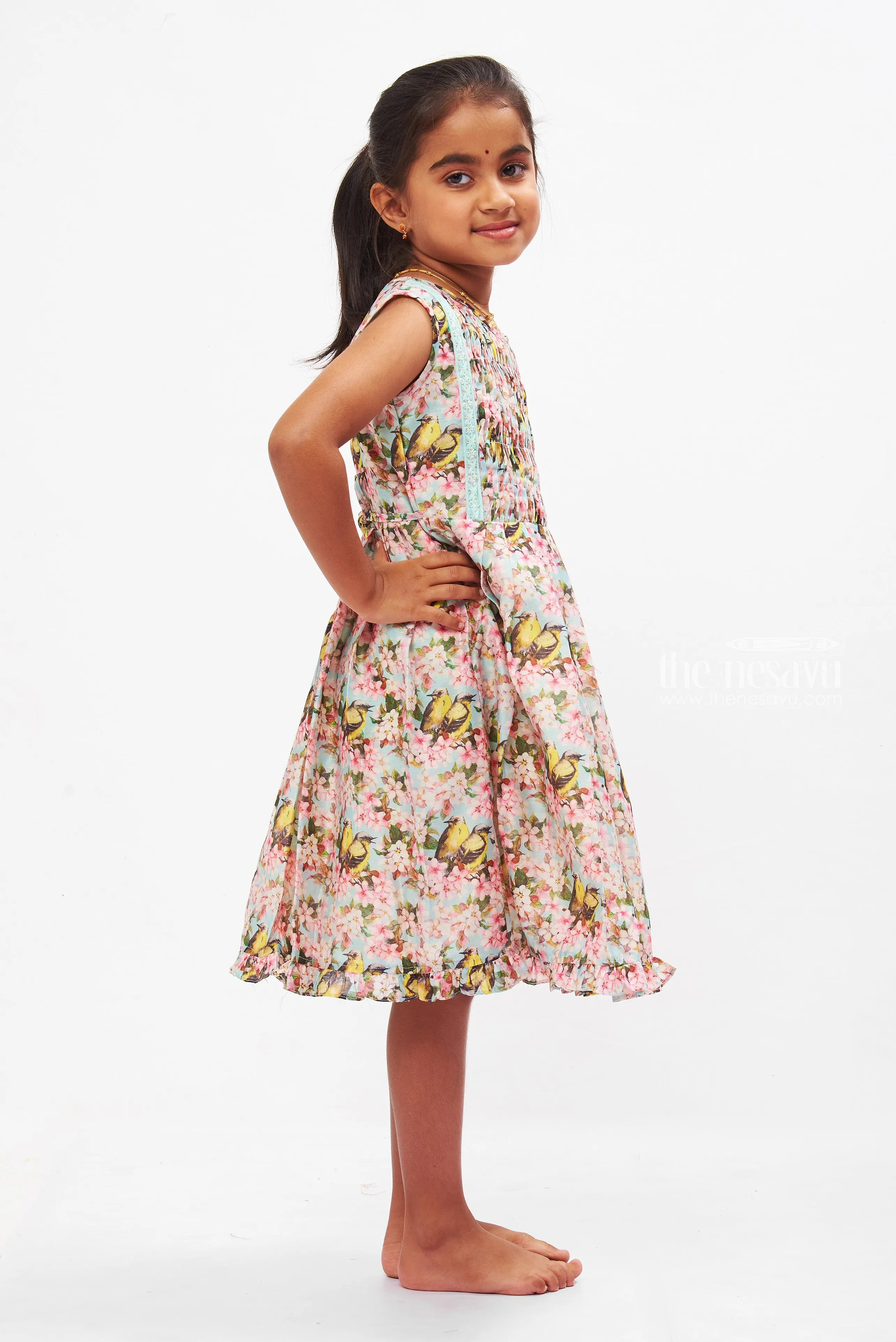 Enchanting Blossom and Bird Print Cotton Frock for Girls