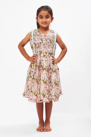 Enchanting Blossom and Bird Print Cotton Frock for Girls