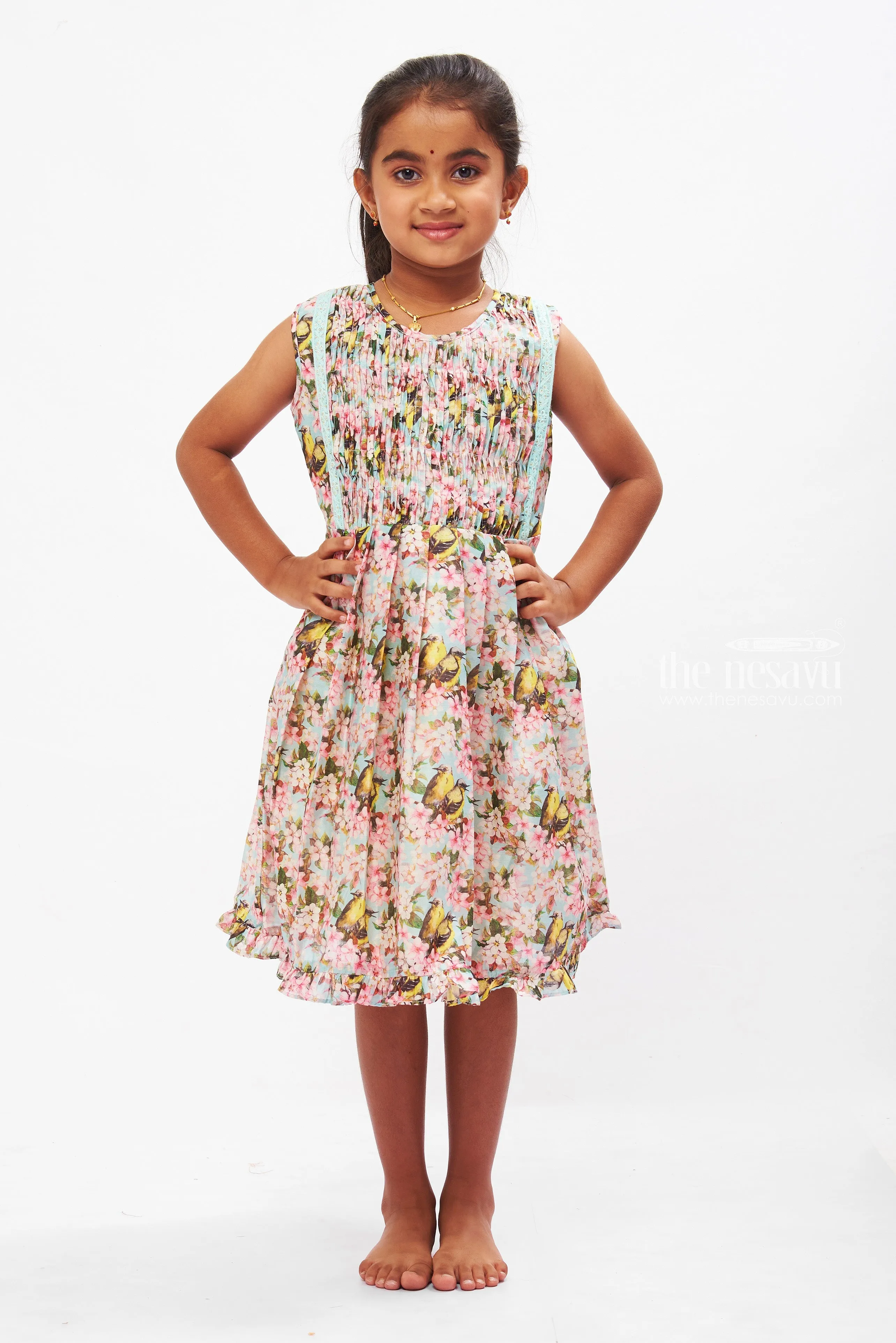 Enchanting Blossom and Bird Print Cotton Frock for Girls