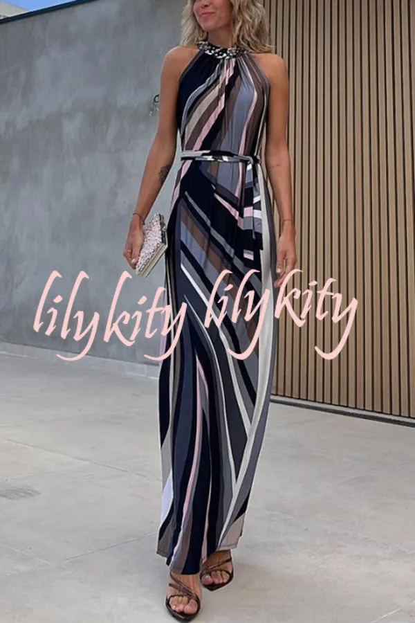 Flowing Elegance Colored Lines Printed Belt Halter Maxi Dress