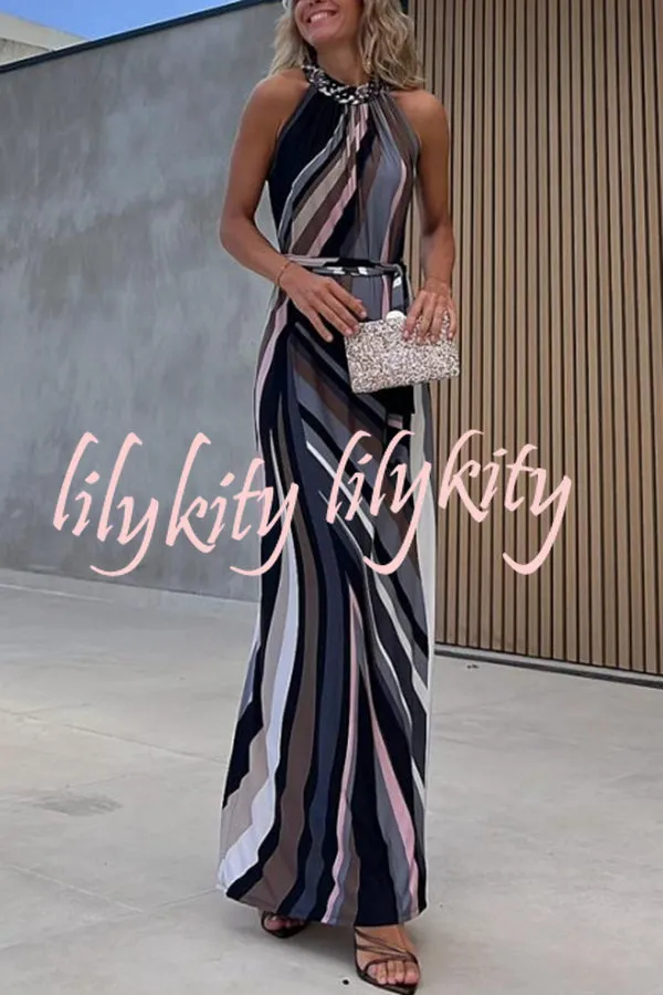 Flowing Elegance Colored Lines Printed Belt Halter Maxi Dress