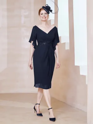 Flutter Sleeves V-neck Sequins Applique Decor Dress Dark Navy