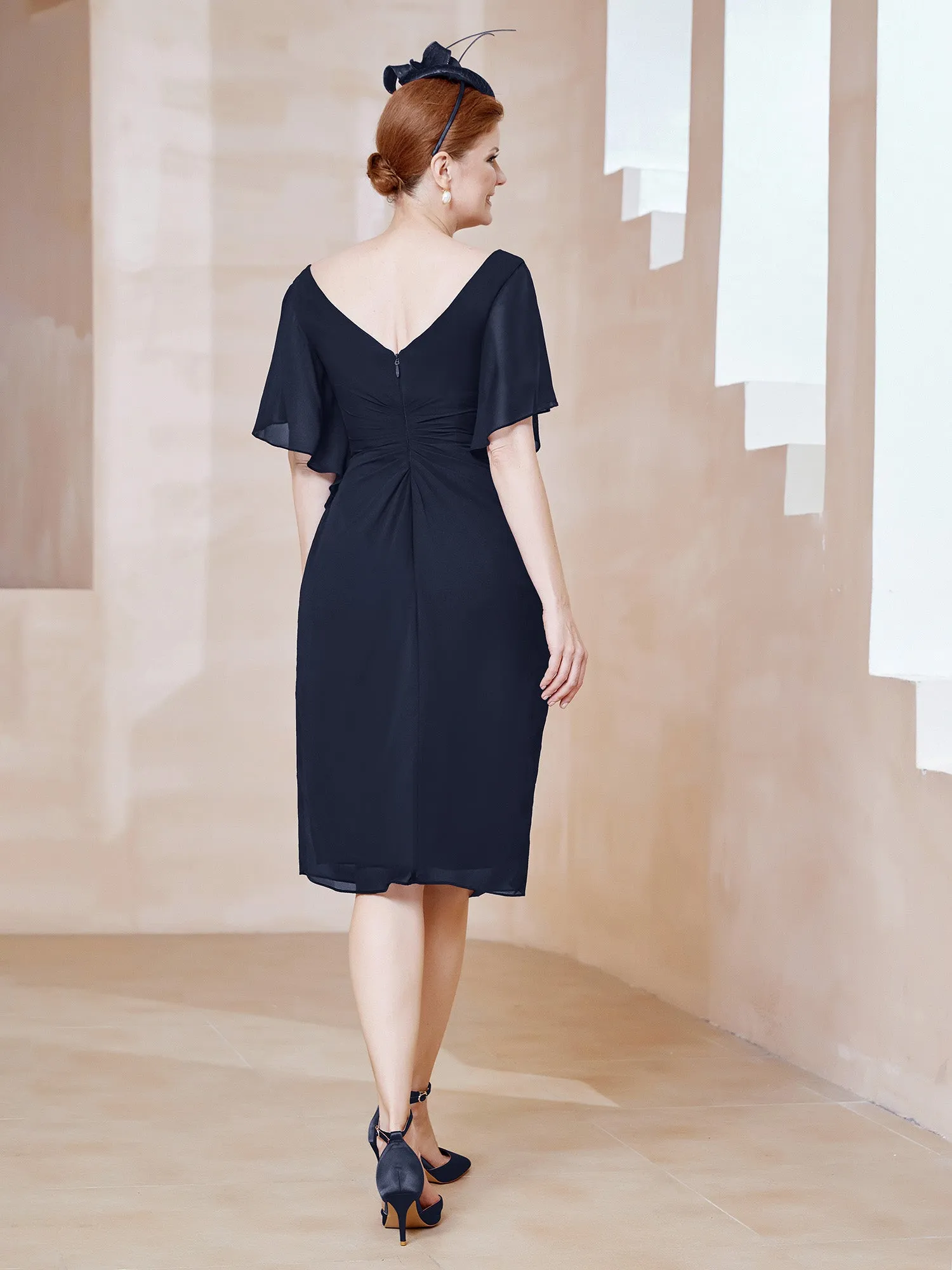 Flutter Sleeves V-neck Sequins Applique Decor Dress Dark Navy