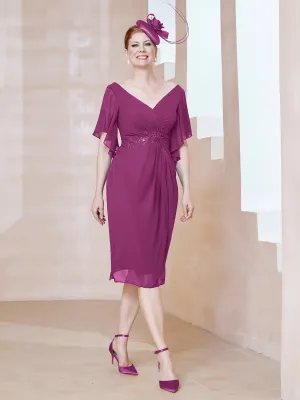 Flutter Sleeves V-neck Sequins Applique Decor Dress Orchid