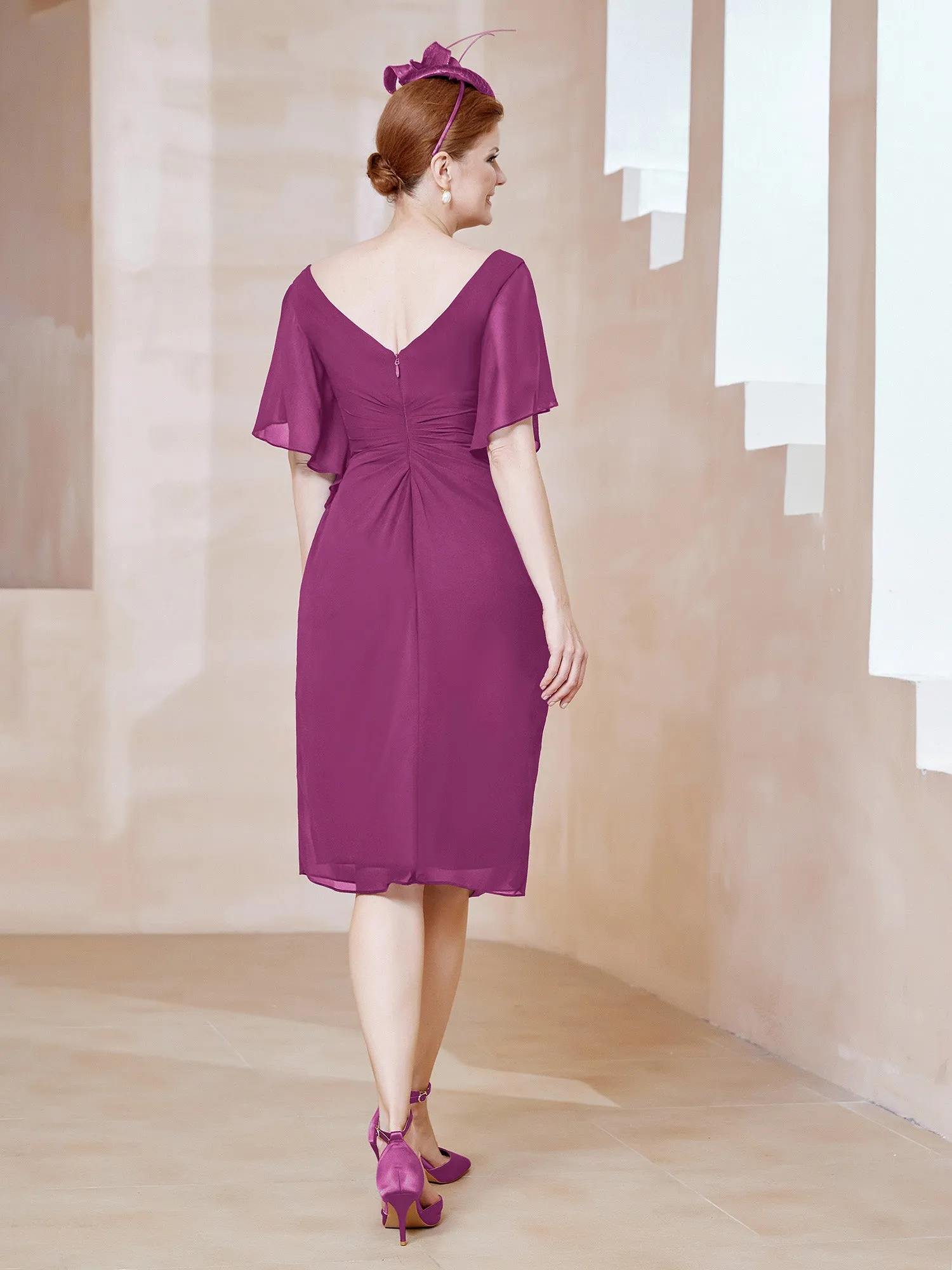Flutter Sleeves V-neck Sequins Applique Decor Dress Orchid