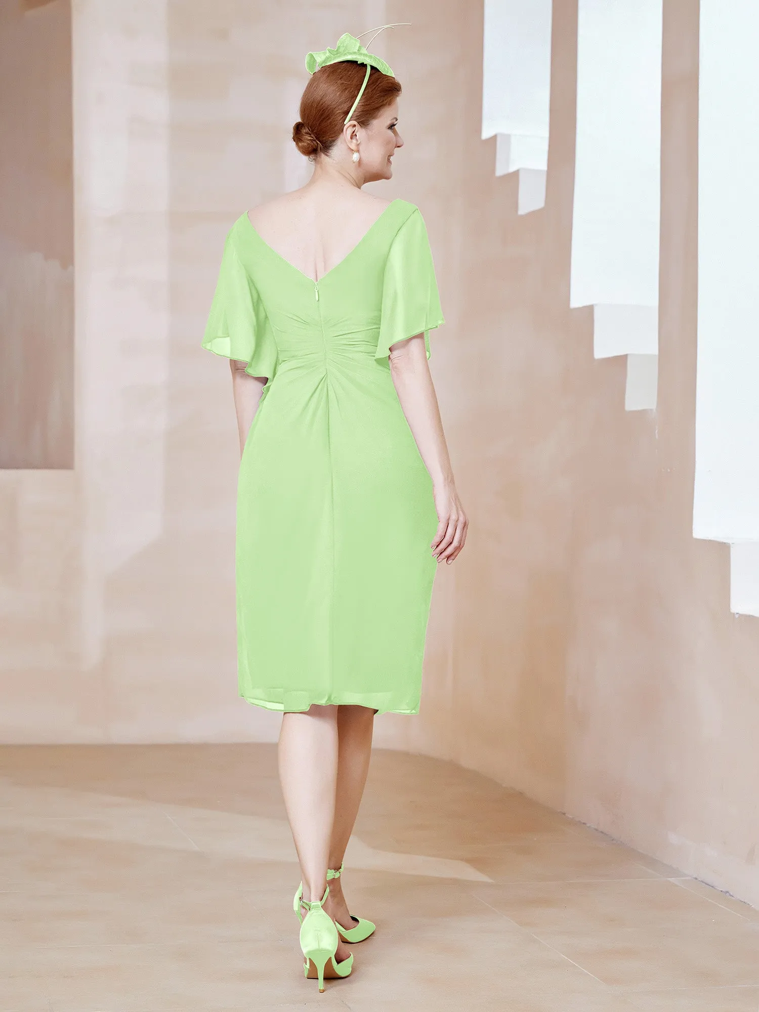 Flutter Sleeves V-neck Sequins Applique Decor Dress Sage