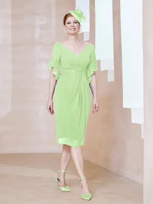 Flutter Sleeves V-neck Sequins Applique Decor Dress Sage