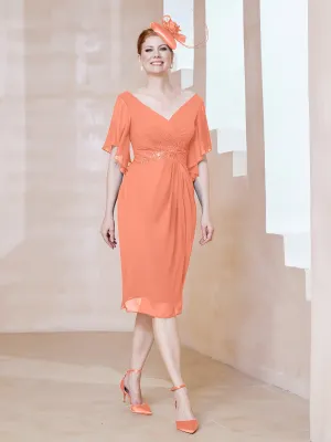 Flutter Sleeves V-neck Sequins Applique Decor Dress Sunset