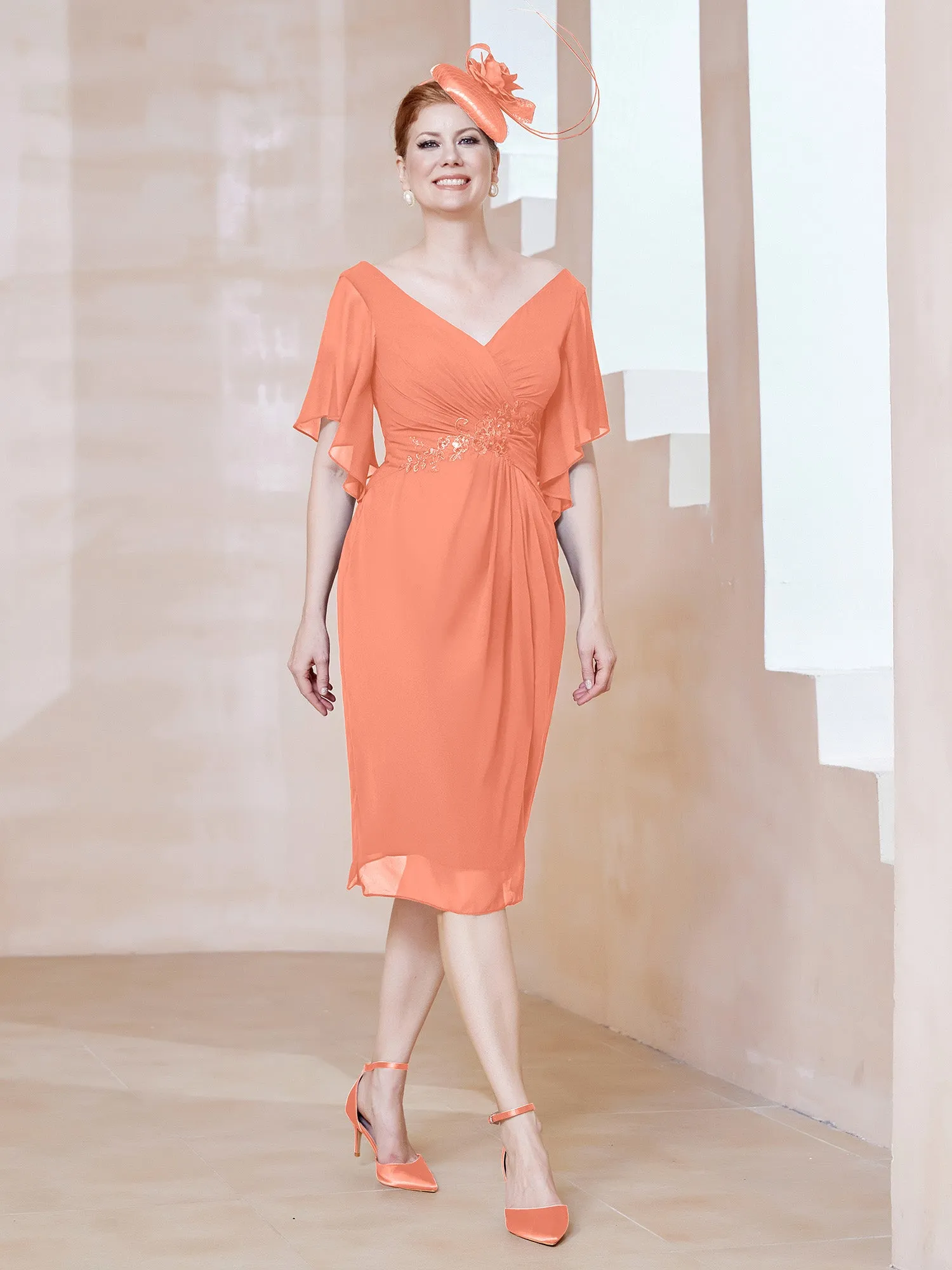 Flutter Sleeves V-neck Sequins Applique Decor Dress Sunset